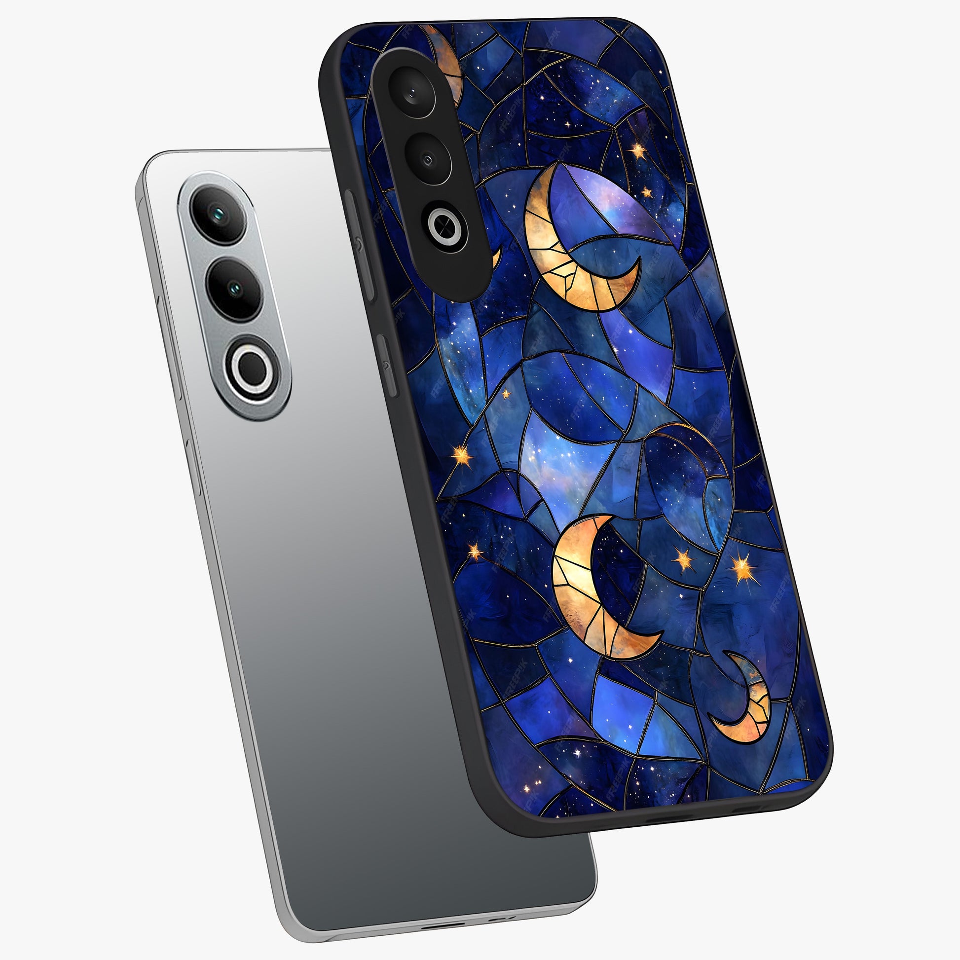 Starlit Sky Tapestry Glass Case for 1+Nord CE 4 angled mockup showcasing glossy finish and rich night tones