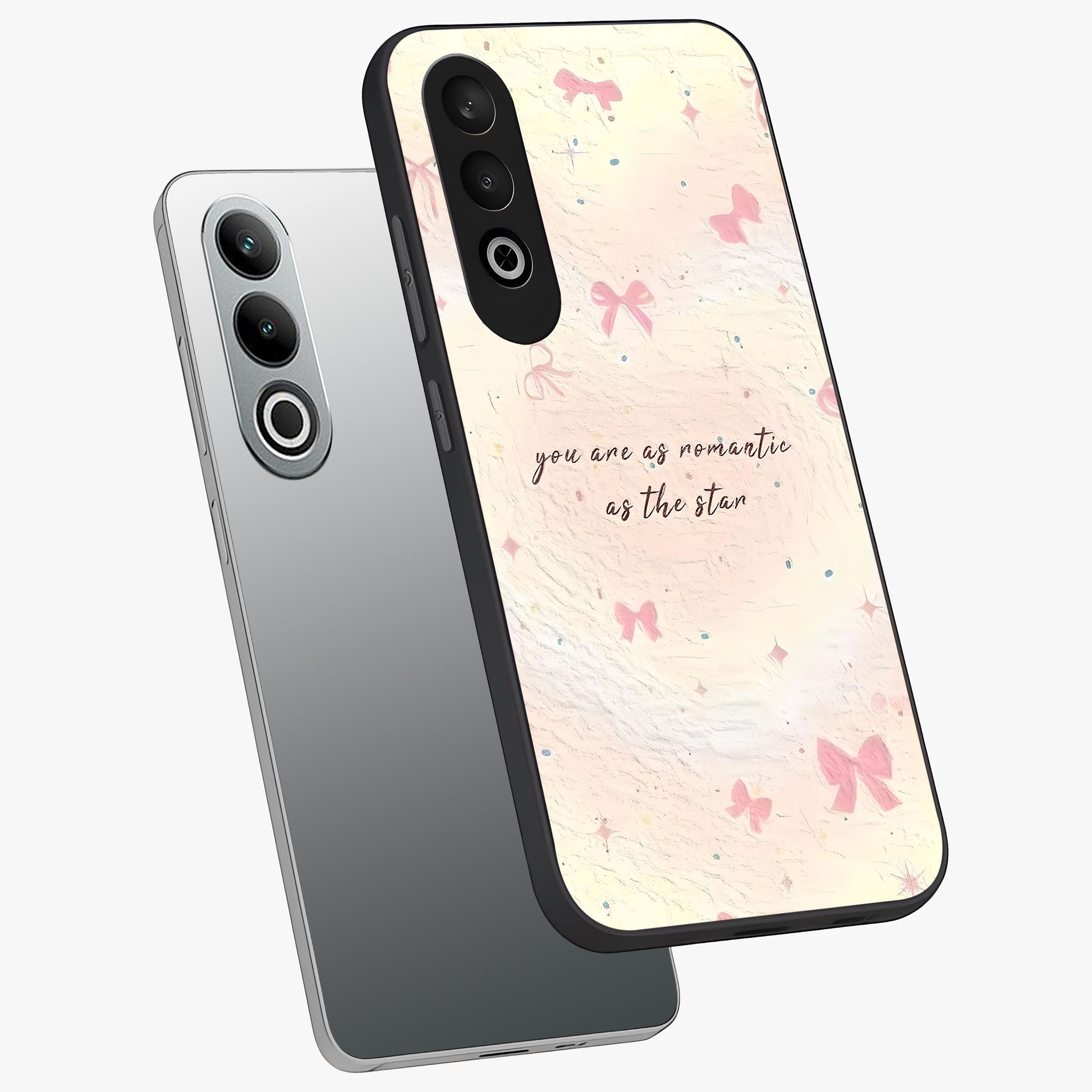 Starry Bow Romance Glass Case for 1+Nord CE 4 angled mockup showcasing glossy finish and soft dreamy tones