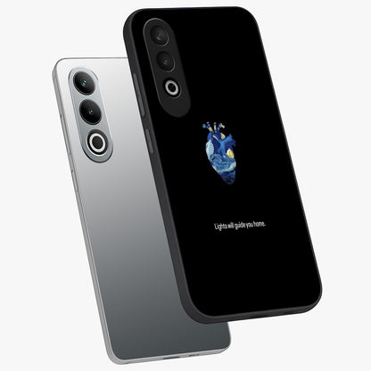 Starry Heart Compass Glass Case for 1+Nord CE 4 angled mockup showcasing glossy finish and celestial gradient tones