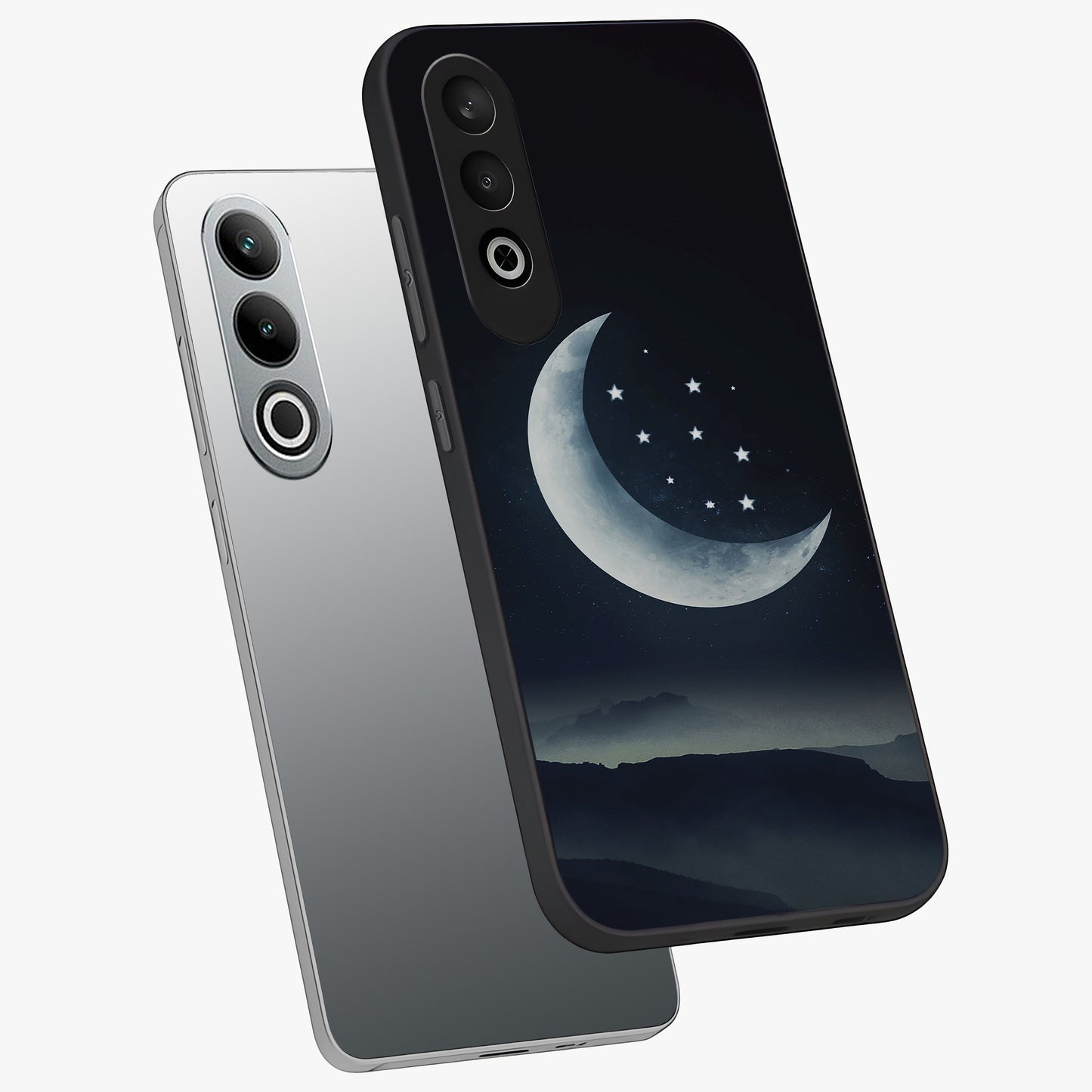 Starry Moon Pattern Glass Case for 1+Nord CE 4 angled mockup showcasing glossy glass finish and deep night tones