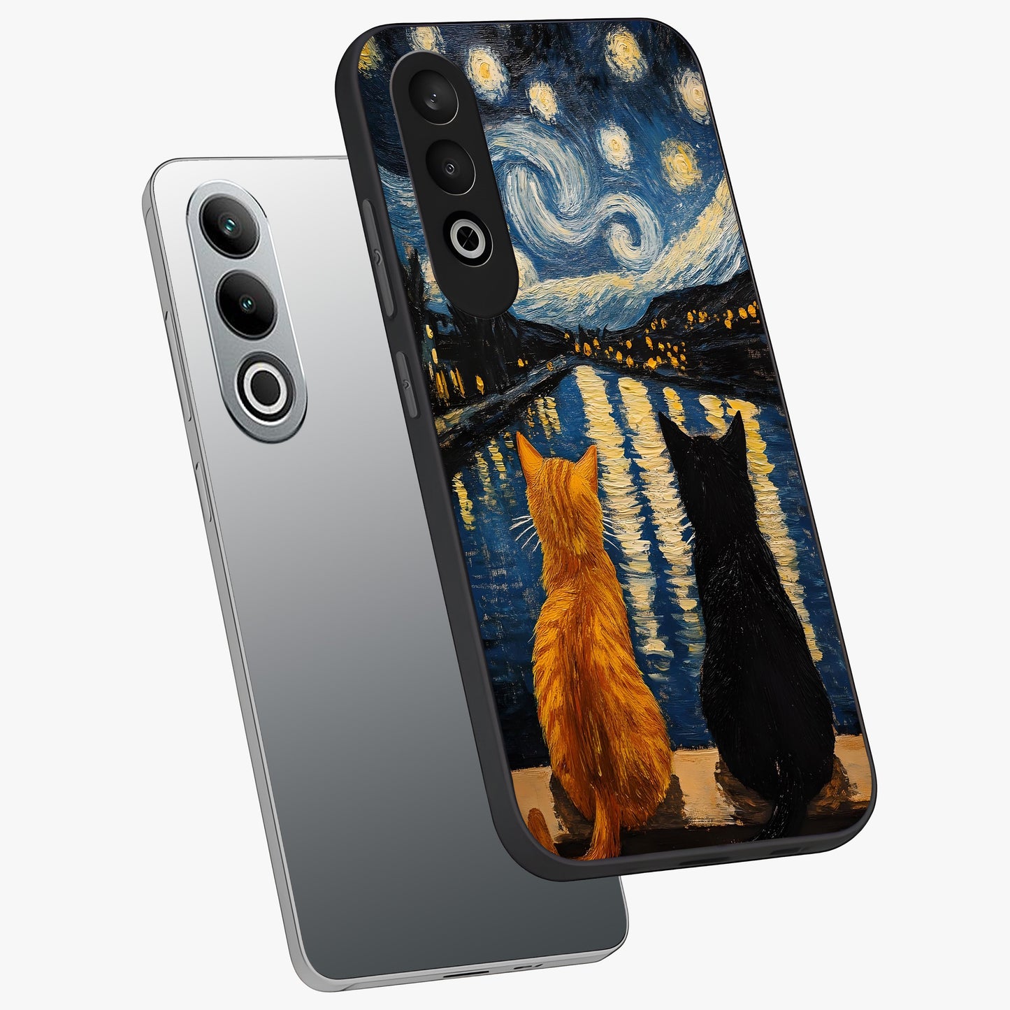 Starry River Cats Glass Case for 1+Nord CE 4 angled mockup showcasing glossy finish and soft cosmic detailing