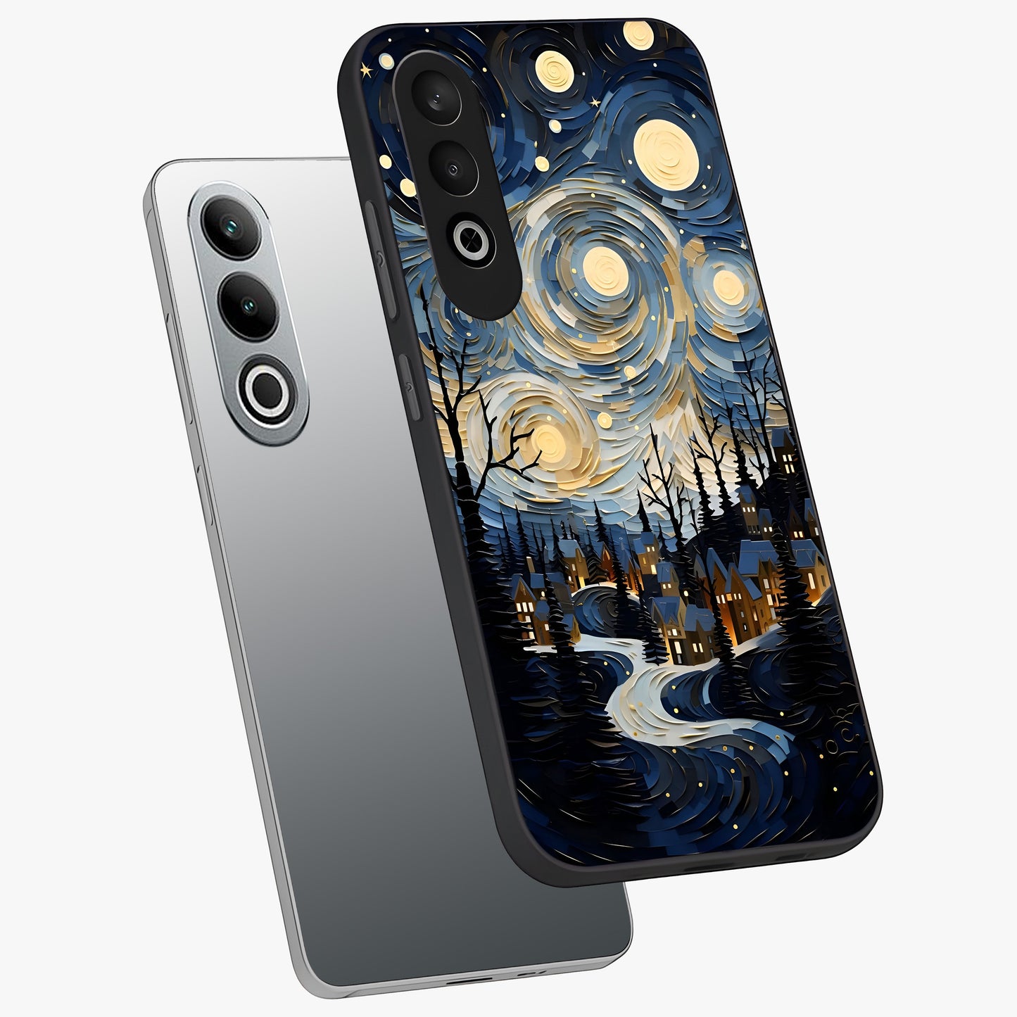 Starry Winter Town Glass Case for 1+Nord CE 4 angled mockup showcasing glossy finish and cool winter tones
