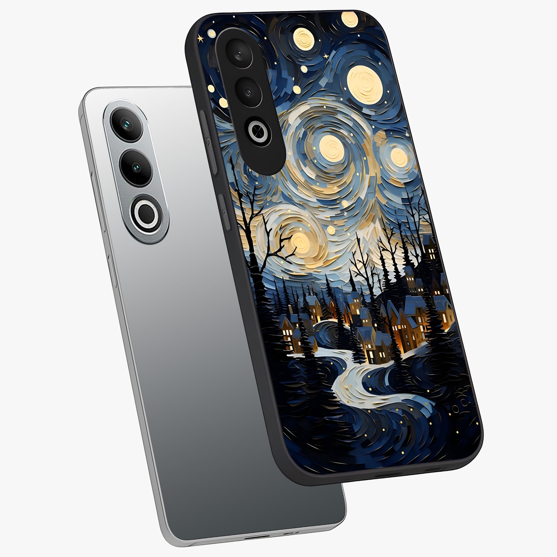 Starry Winter Town Glass Case for 1+Nord CE 4 angled mockup showcasing glossy finish and cool winter tones