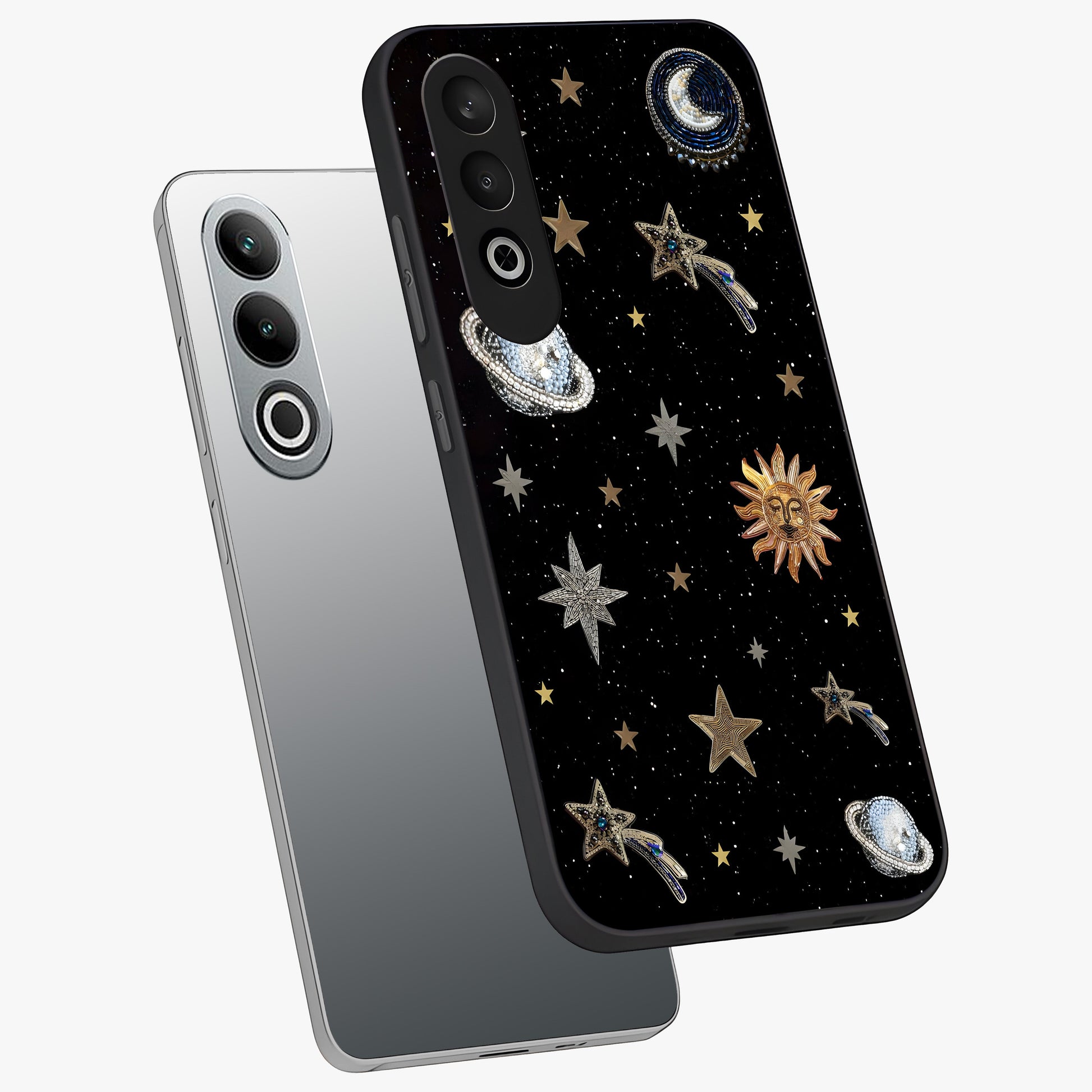 Stars and Planets Brooches Glass Case for 1+Nord CE 4 angled mockup showcasing glossy finish and luminous space tones