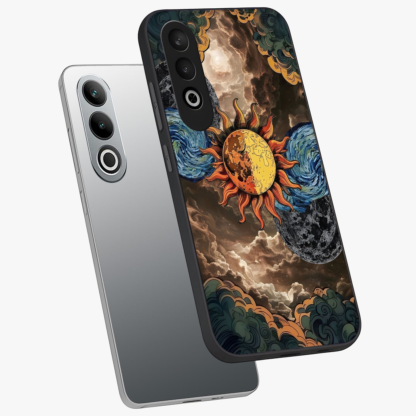 Sun Kissed Valley Glass Case for 1+Nord Ce 4 angled mockup showcasing glossy finish and warm sunset gradients