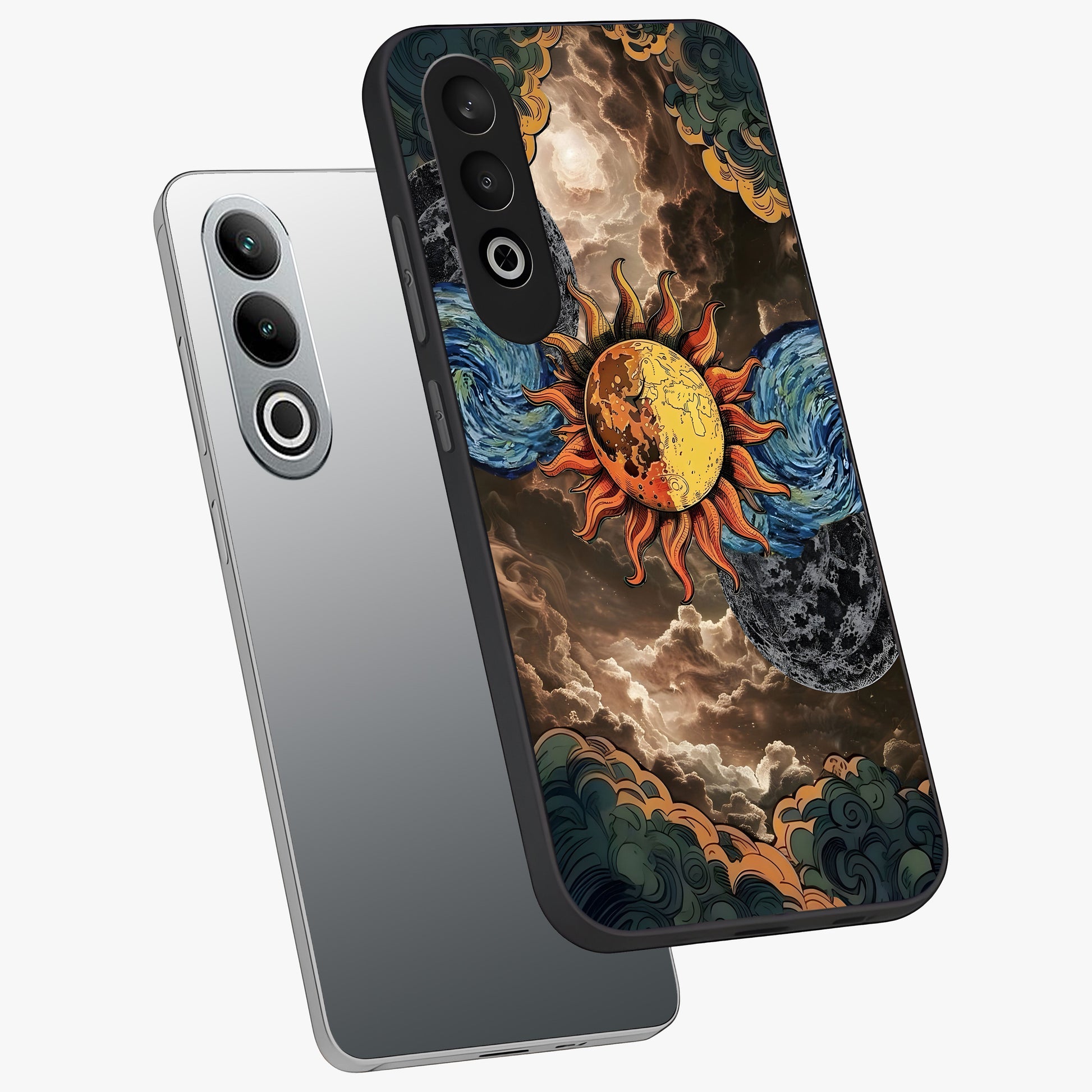 Sun Kissed Valley Glass Case for 1+Nord Ce 4 angled mockup showcasing glossy finish and warm sunset gradients