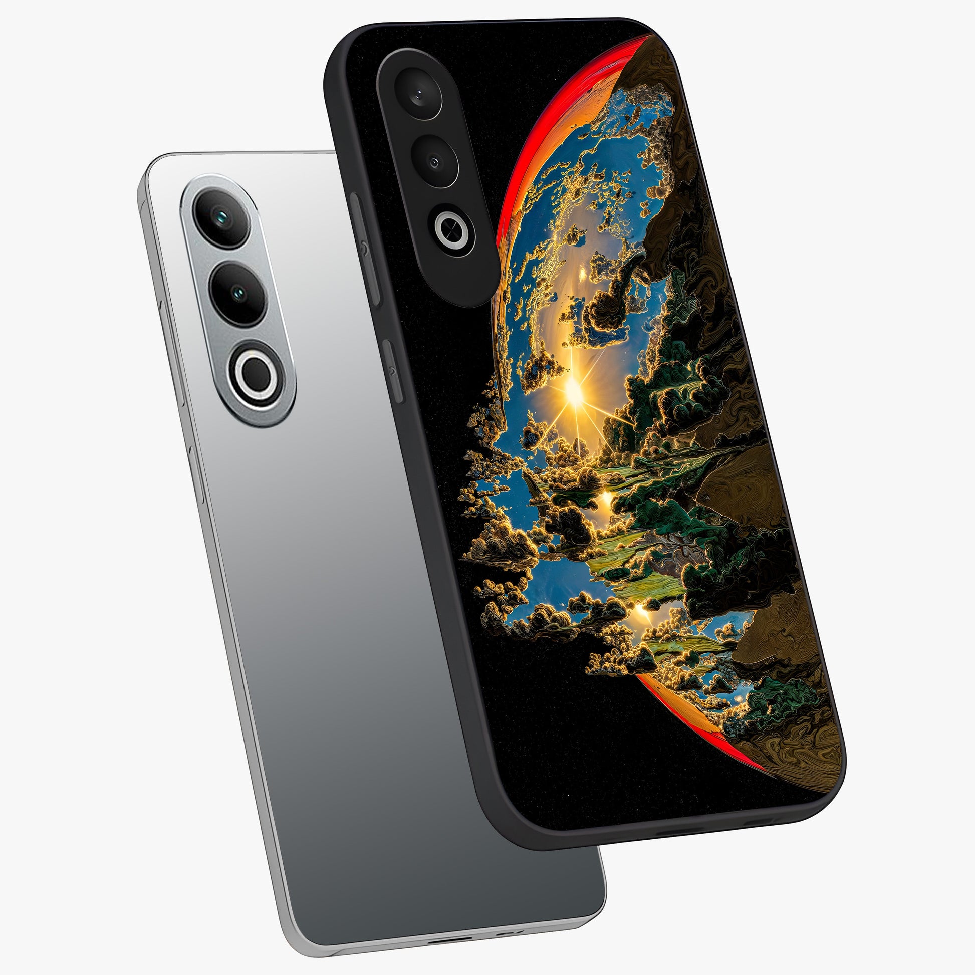 Sunrise Bursting Glass Case for 1+Nord Ce 4 angled mockup showcasing glossy finish and warm golden gradients