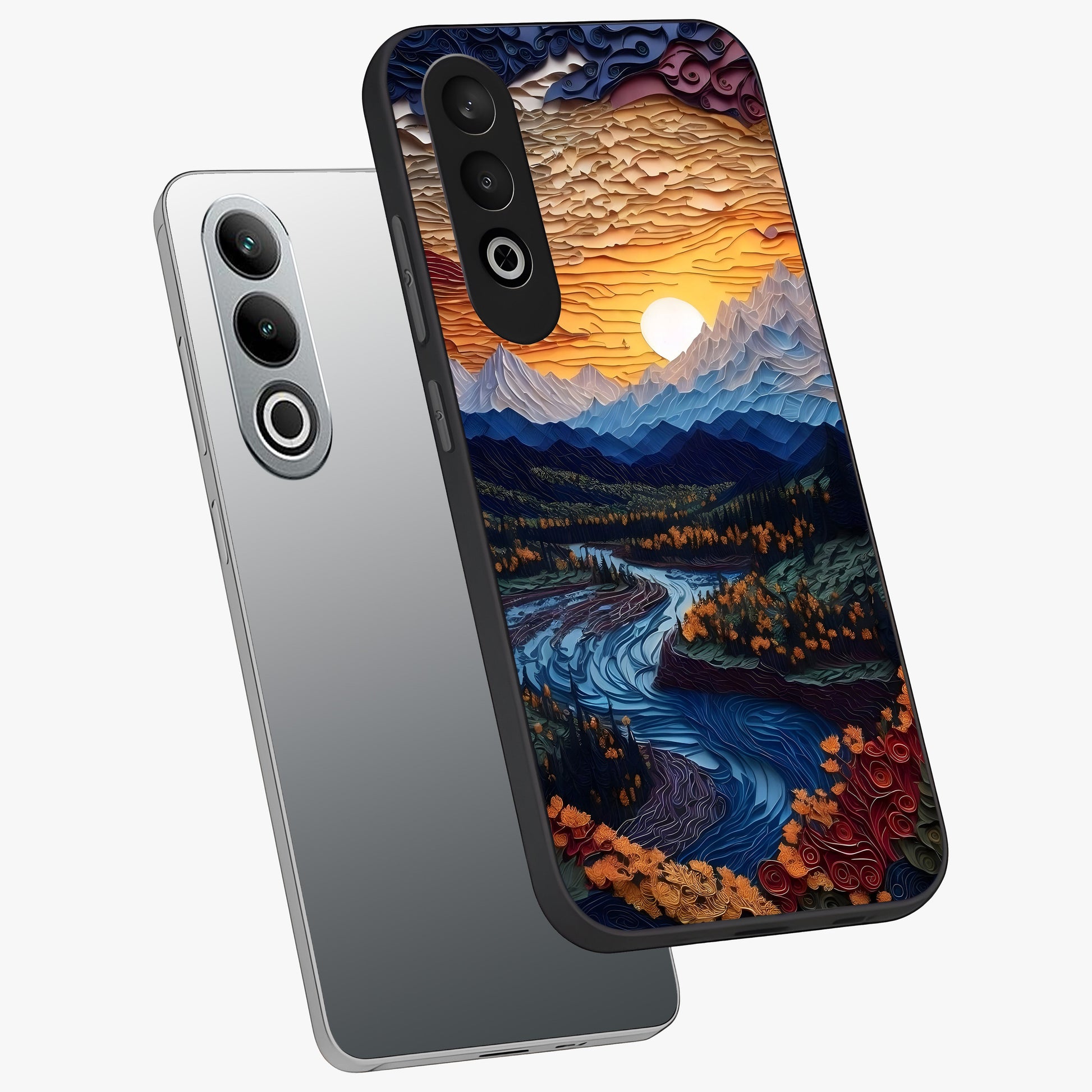Sunrise River Dreams Glass Case for 1+Nord CE 4 angled mockup showcasing glossy finish and soft pastel gradients