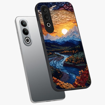 Sunrise River Dreams Glass Case for 1+Nord CE 4 angled mockup showcasing glossy finish and soft pastel gradients