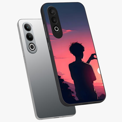 Sunset Silhouette Girl Glass Case for 1+Nord Ce 4 angled mockup showcasing glossy finish and warm gradient tones