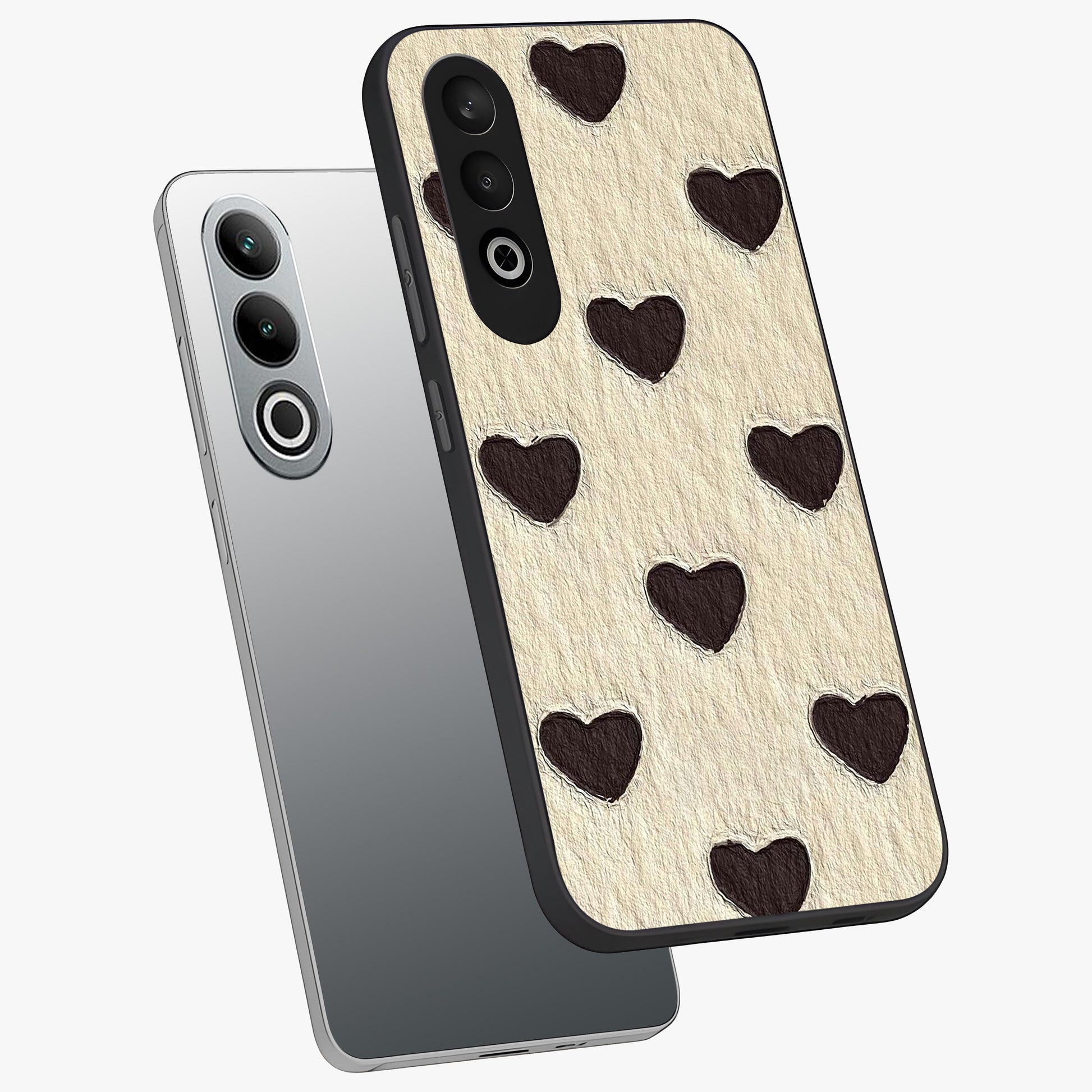 Textured Love Pattern Glass Case for 1+Nord Ce 4 angled mockup showcasing glossy finish and subtle pattern detailing