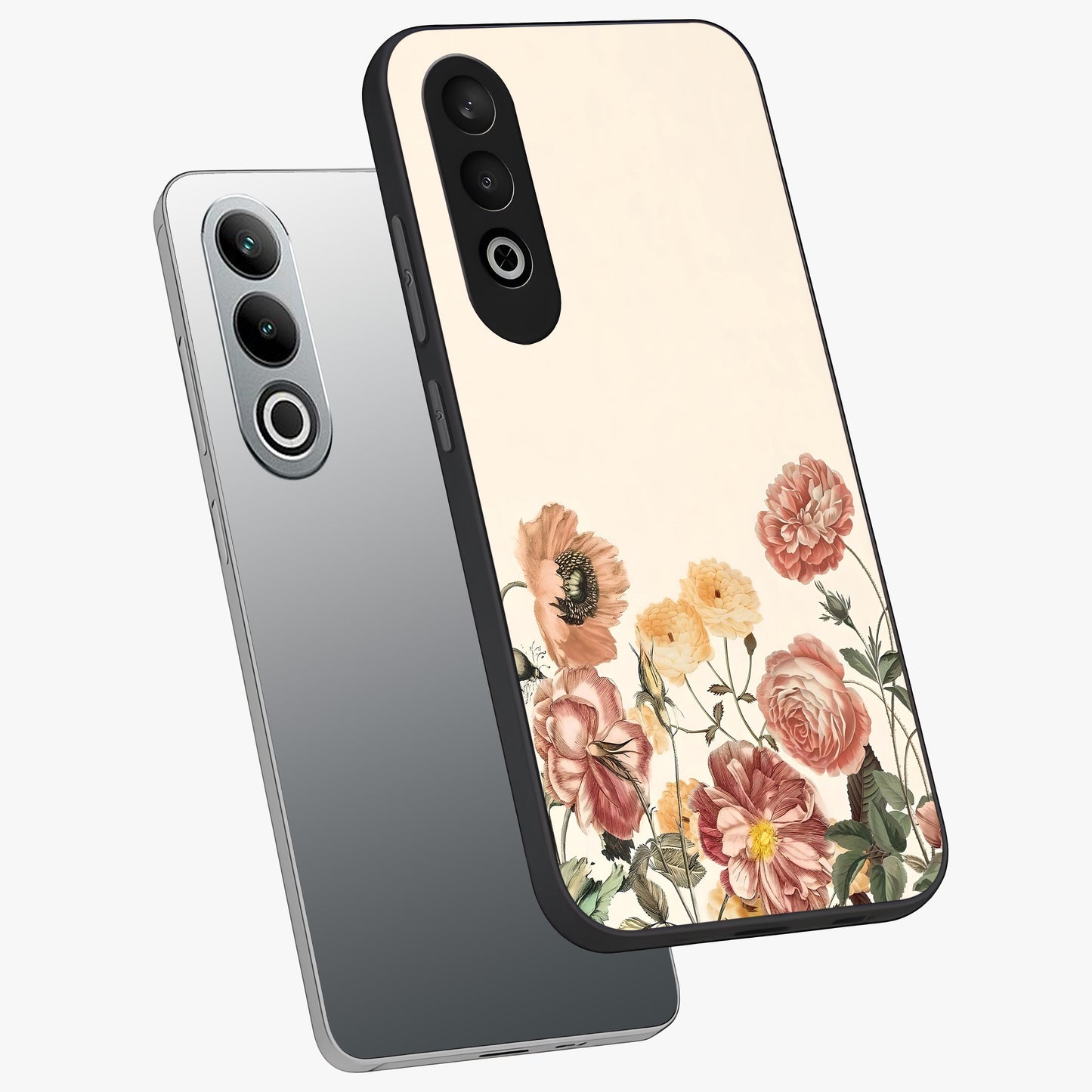 Timeless Garden Romance Glass Case for 1+Nord Ce 4 angled mockup showcasing glossy finish and soft romantic tones