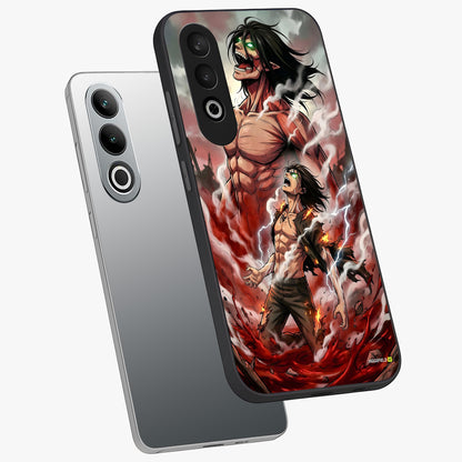 Titan Awakening Fury Glass Case for 1+Nord CE 4 angled mockup showcasing glossy finish and dramatic action detailing