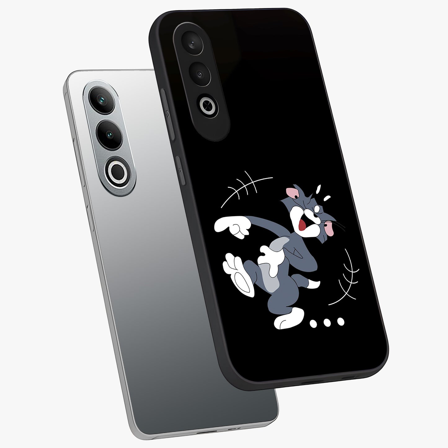 Tom in Trouble Glass Case for 1+Nord CE 4 angled mockup showcasing glossy finish and vibrant cartoon detailing