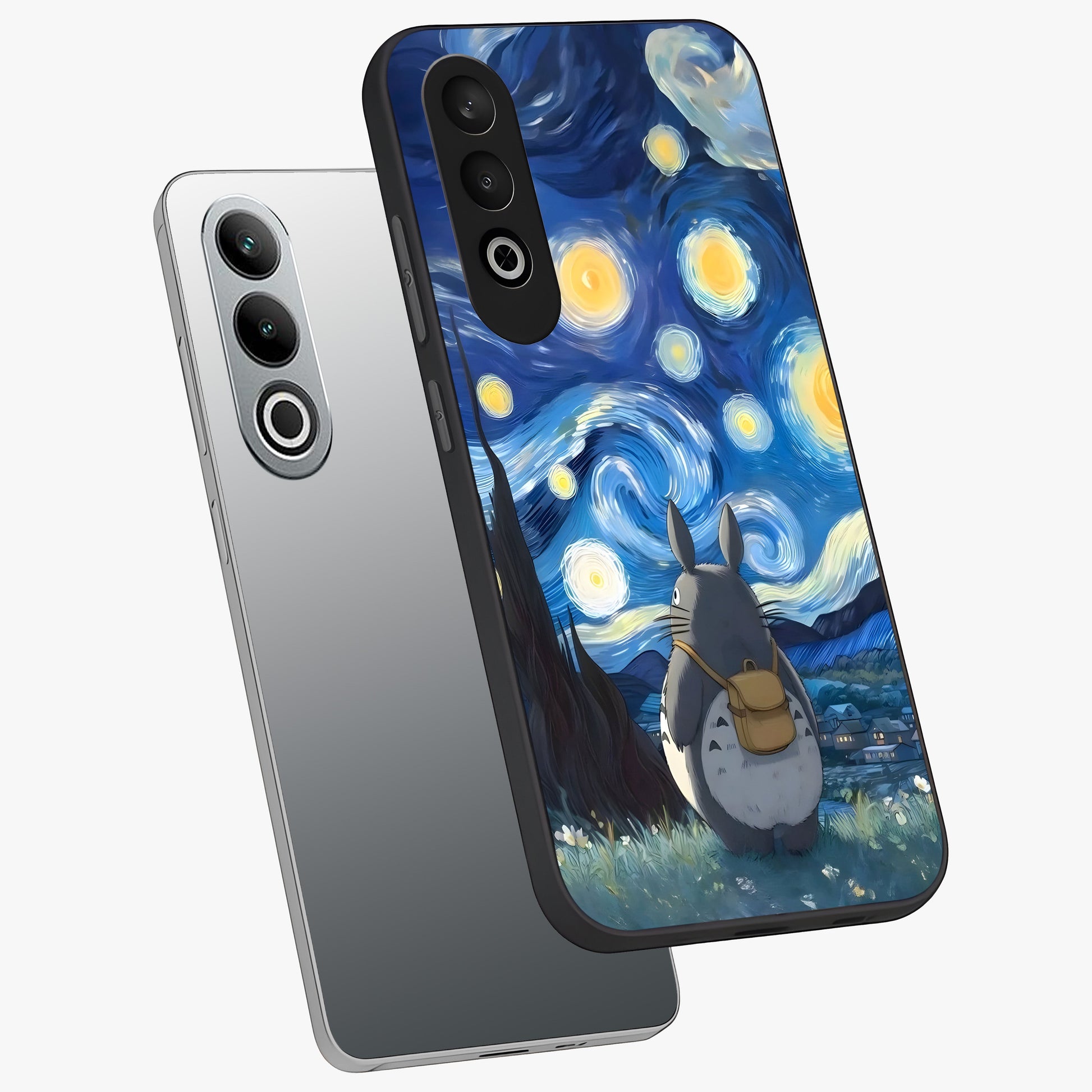 Totoro in Van Gogh Art Glass Case for 1+Nord CE 4 angled mockup showcasing glossy finish and vibrant brushstroke detailing