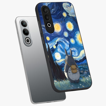 Totoro in Van Gogh Art Glass Case for 1+Nord CE 4 angled mockup showcasing glossy finish and vibrant brushstroke detailing
