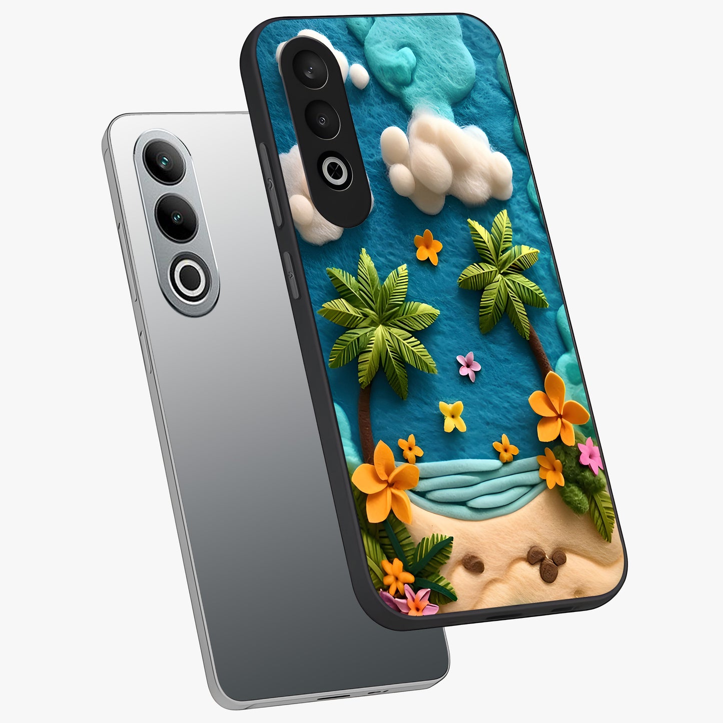 Tropical Felt Escape Glass Case for 1+Nord CE 4 angled mockup showcasing glossy finish and vibrant island tones