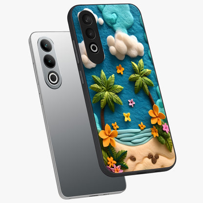 Tropical Felt Escape Glass Case for 1+Nord CE 4 angled mockup showcasing glossy finish and vibrant island tones