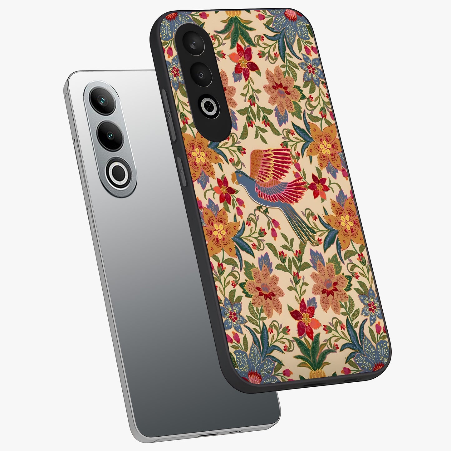Tropical Folk Art Bird Glass Case for 1+Nord CE 4 angled mockup showcasing glossy finish and rich cultural tones