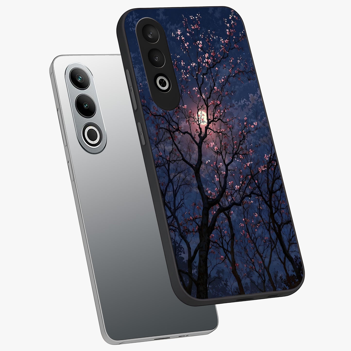 Twilight Sakura Serenade Glass Case for 1+Nord CE 4 angled mockup showcasing glossy glass finish and soft purple gradients