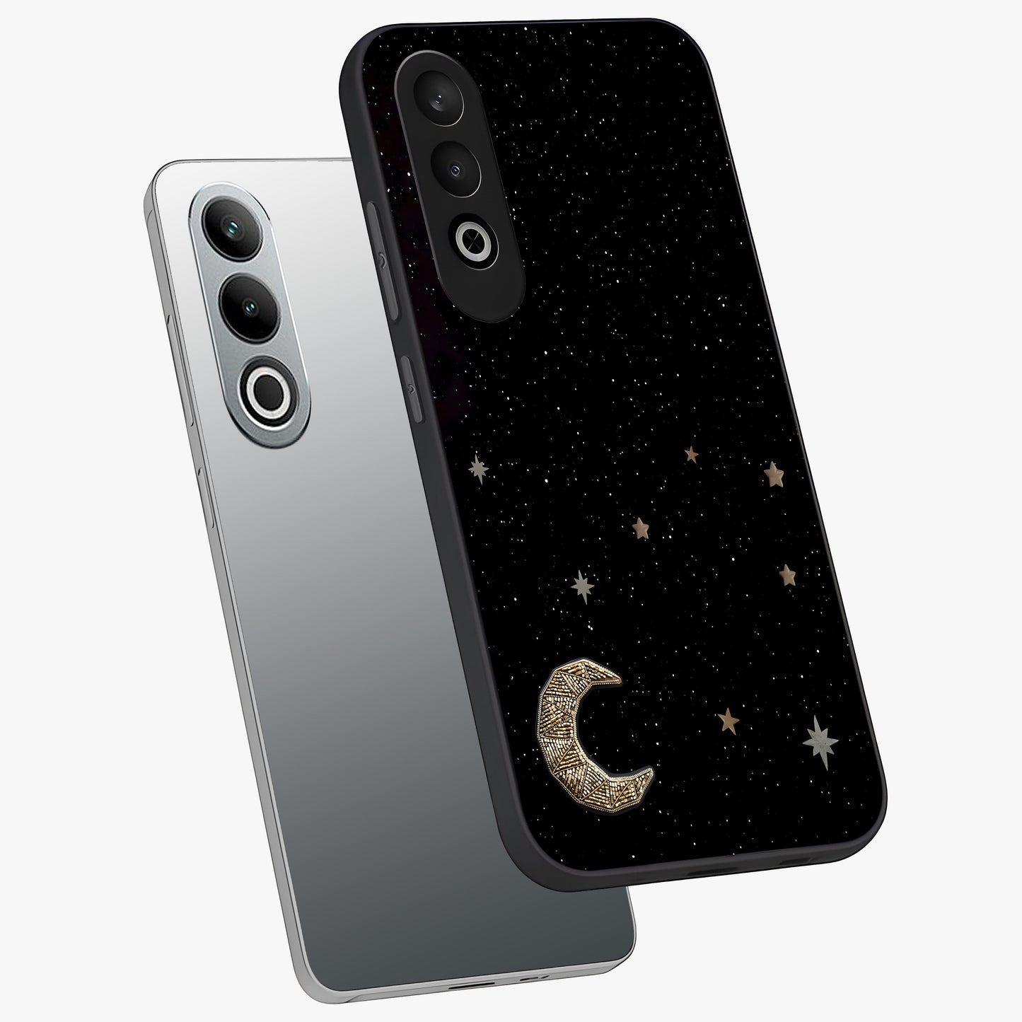 Twinkle Star With Half Moon Glass Case for 1+Nord CE 4 angled mockup showcasing glossy finish and celestial night tones