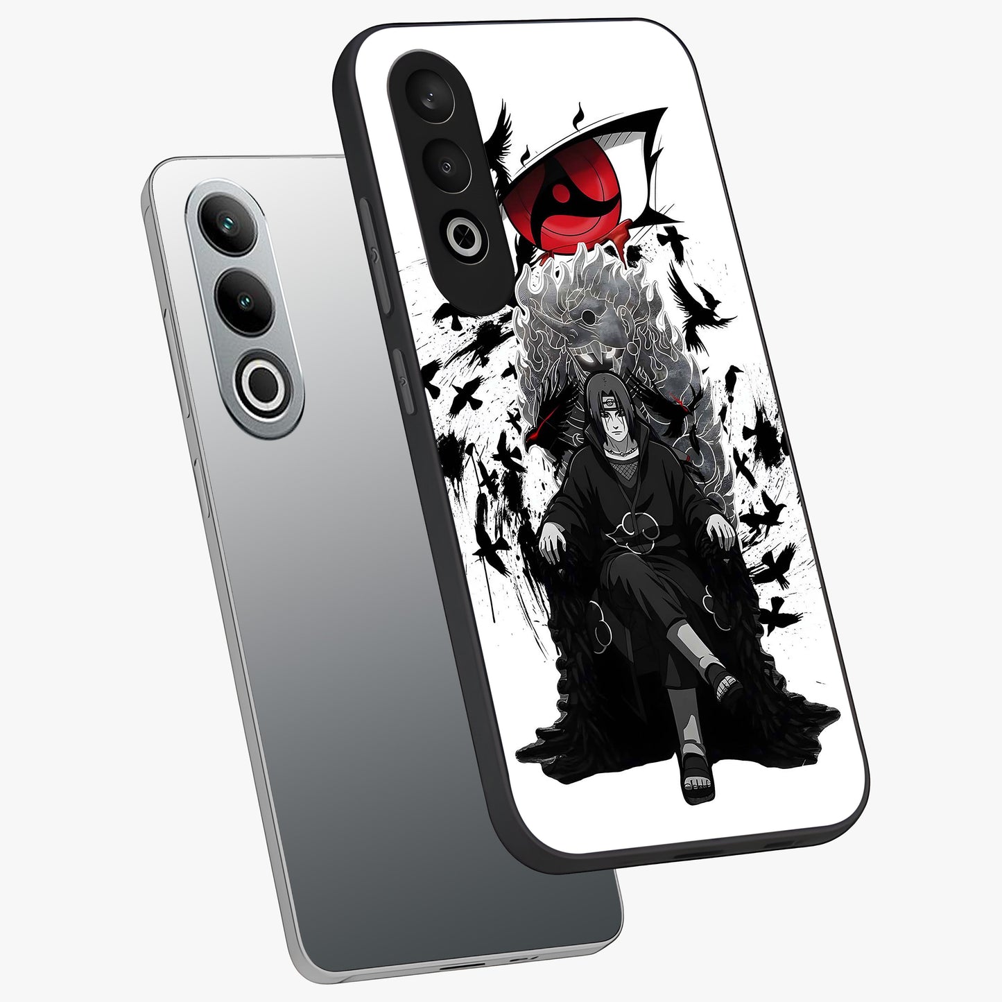 Uchiha Shadow Throne Glass Case for 1+Nord Ce 4 angled mockup showcasing glossy finish and dramatic shadow detailing