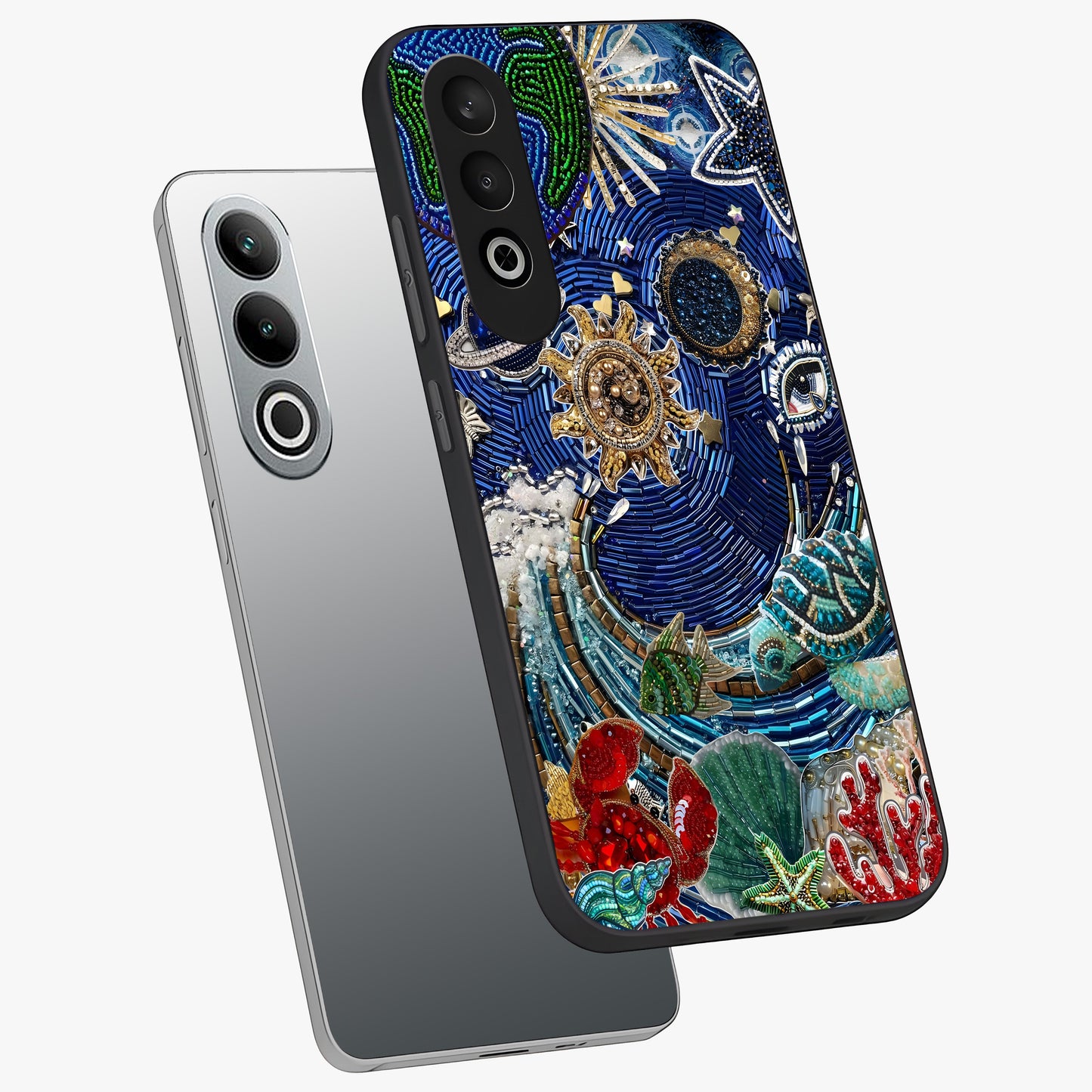 Universe Underwater Spark Glass Case for 1+Nord CE 4 angled mockup showcasing glossy finish and glowing blue gradients