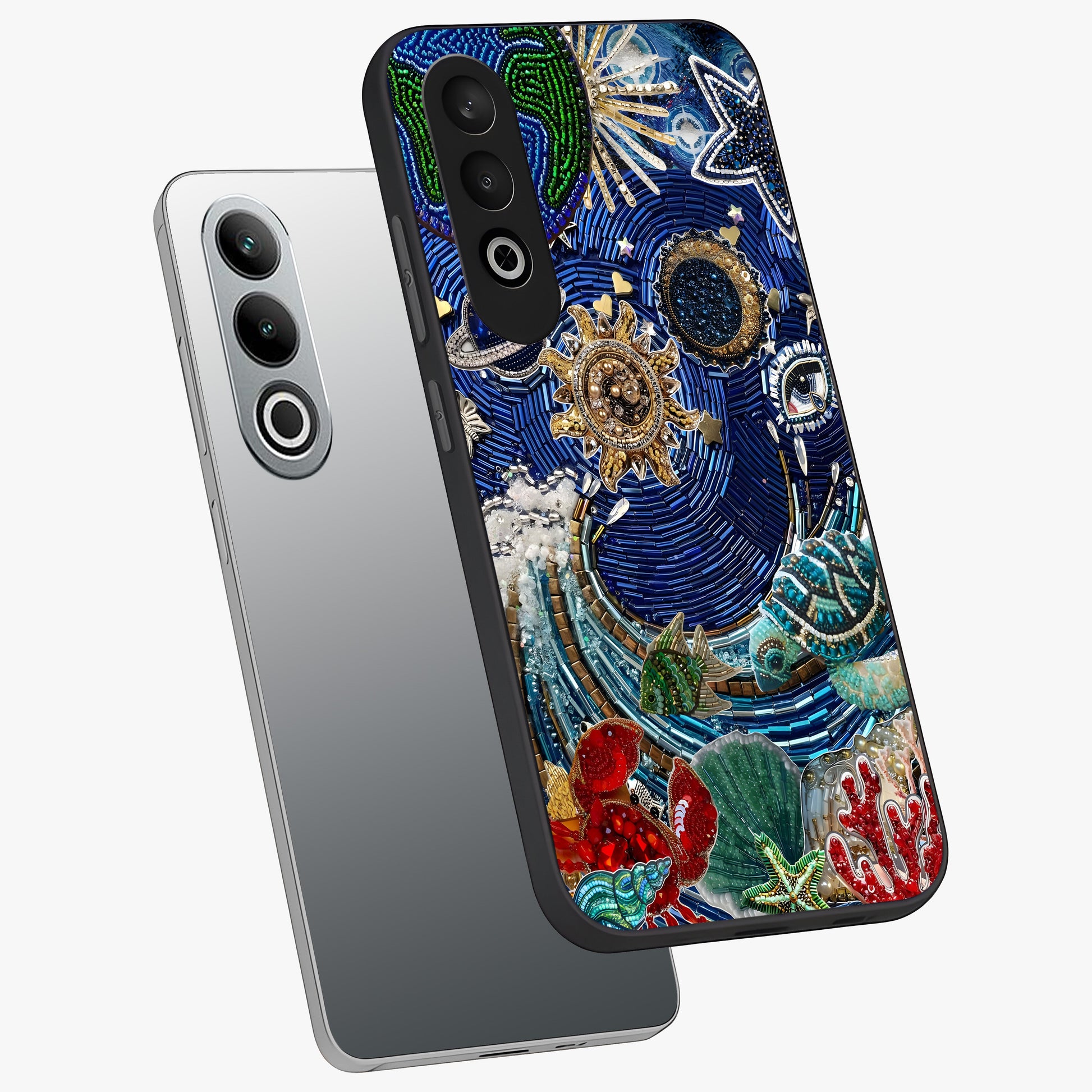 Universe Underwater Spark Glass Case for 1+Nord CE 4 angled mockup showcasing glossy finish and glowing blue gradients