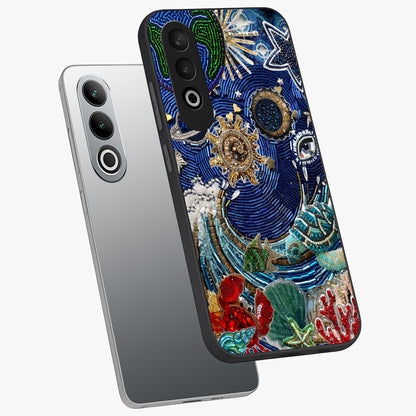 Universe Underwater Spark Glass Case for 1+Nord CE 4 angled mockup showcasing glossy finish and glowing blue gradients