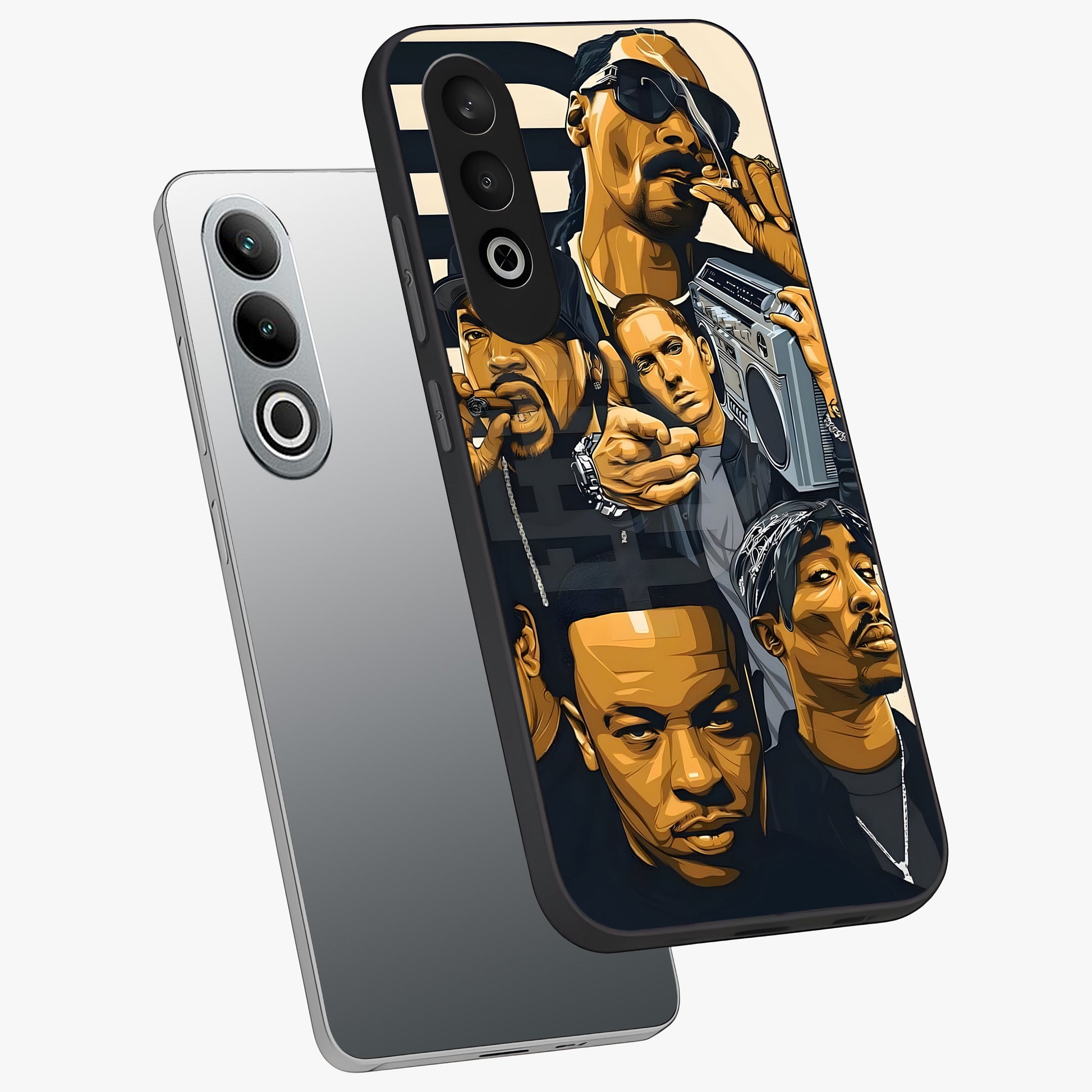 Urban Rap Legends Glass Case for 1+Nord CE 4 angled mockup showcasing glossy finish and edgy urban detailing
