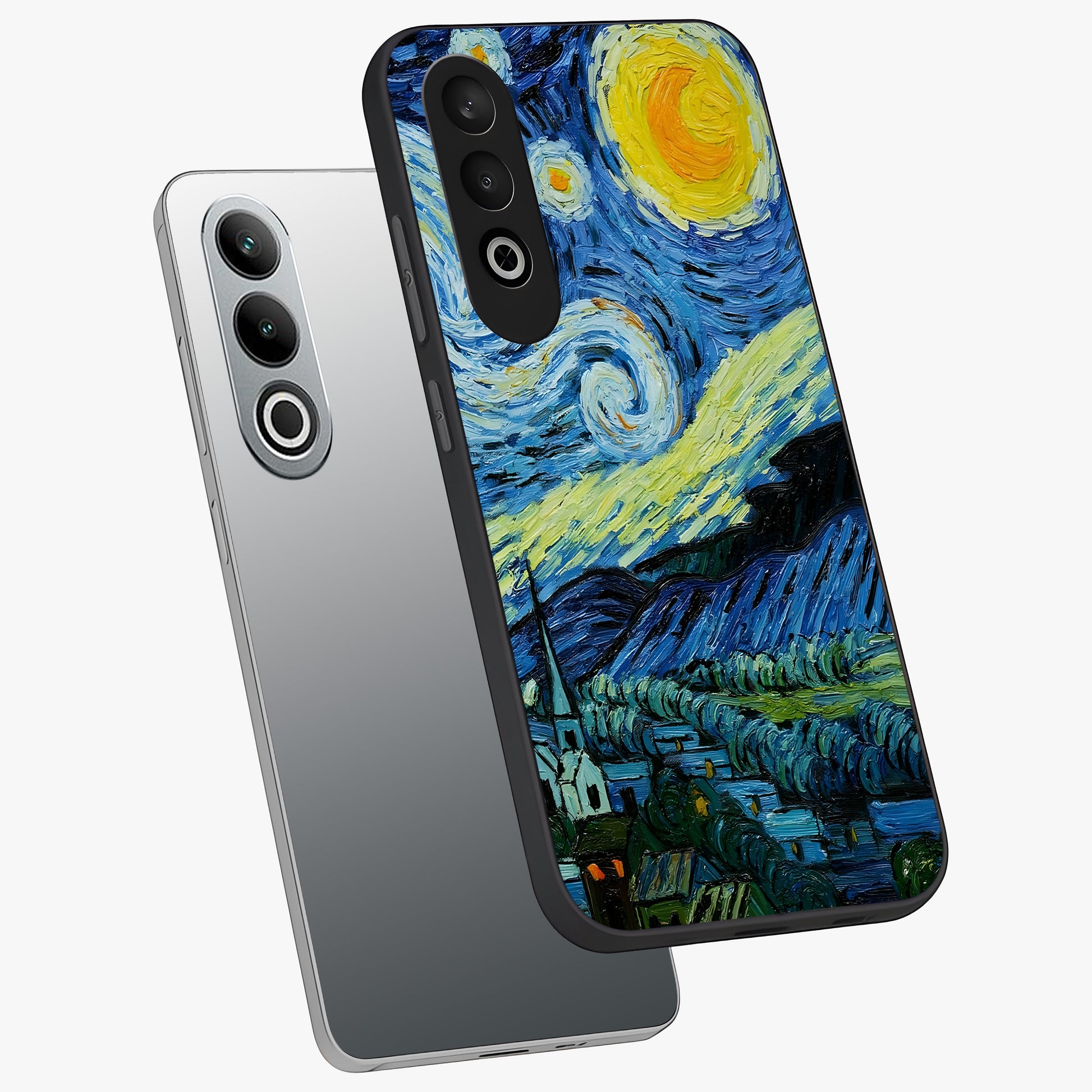 Van Gogh Art Glass Case for 1+Nord CE 4 angled mockup showcasing glossy finish and rich brushstroke textures