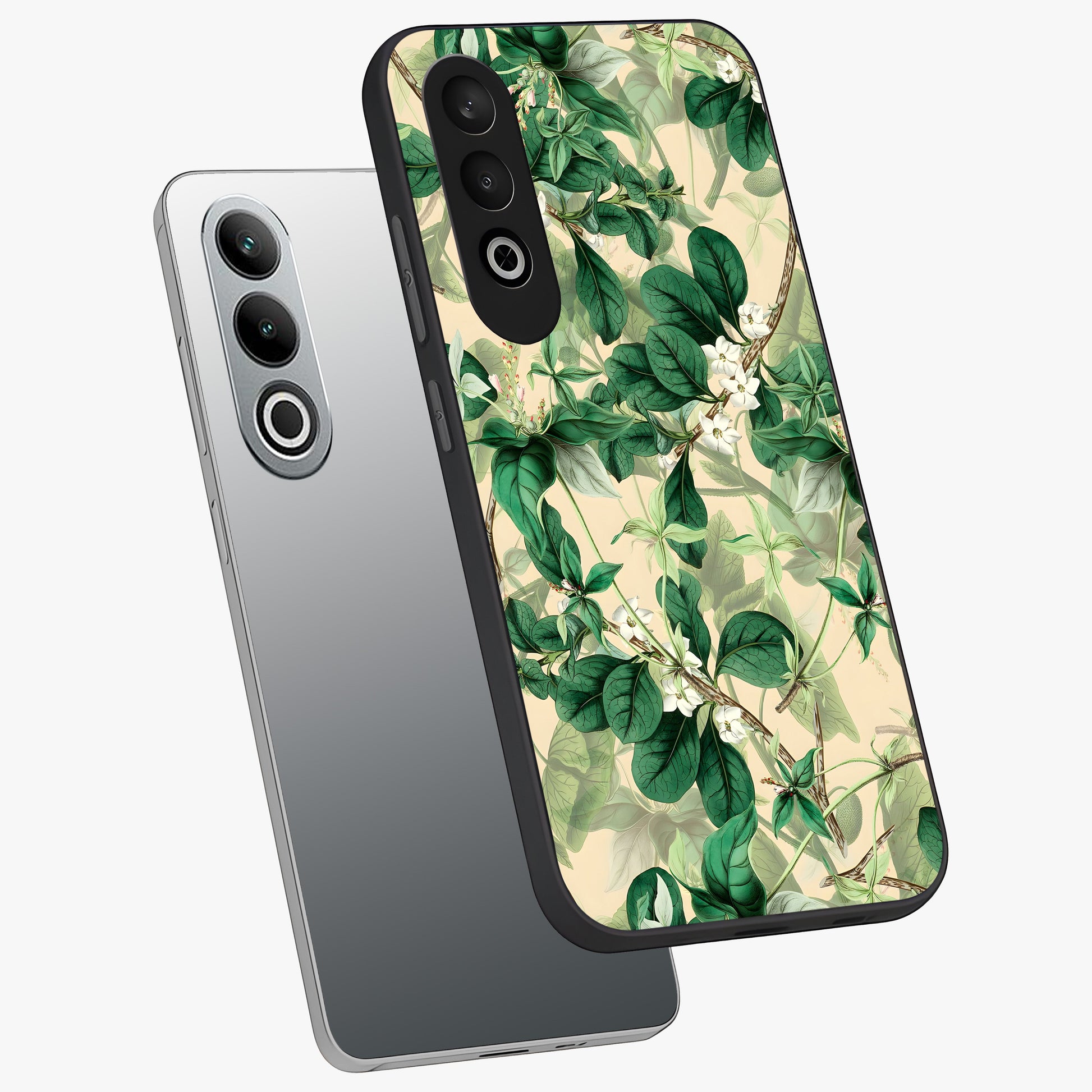 Verdant Garden Whispers Glass Case for 1+Nord CE 4 angled mockup showcasing glossy finish and natural earthy tones