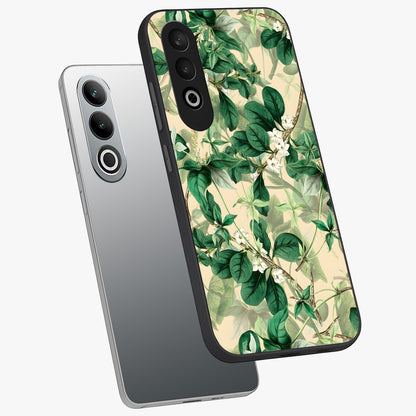 Verdant Garden Whispers Glass Case for 1+Nord CE 4 angled mockup showcasing glossy finish and natural earthy tones