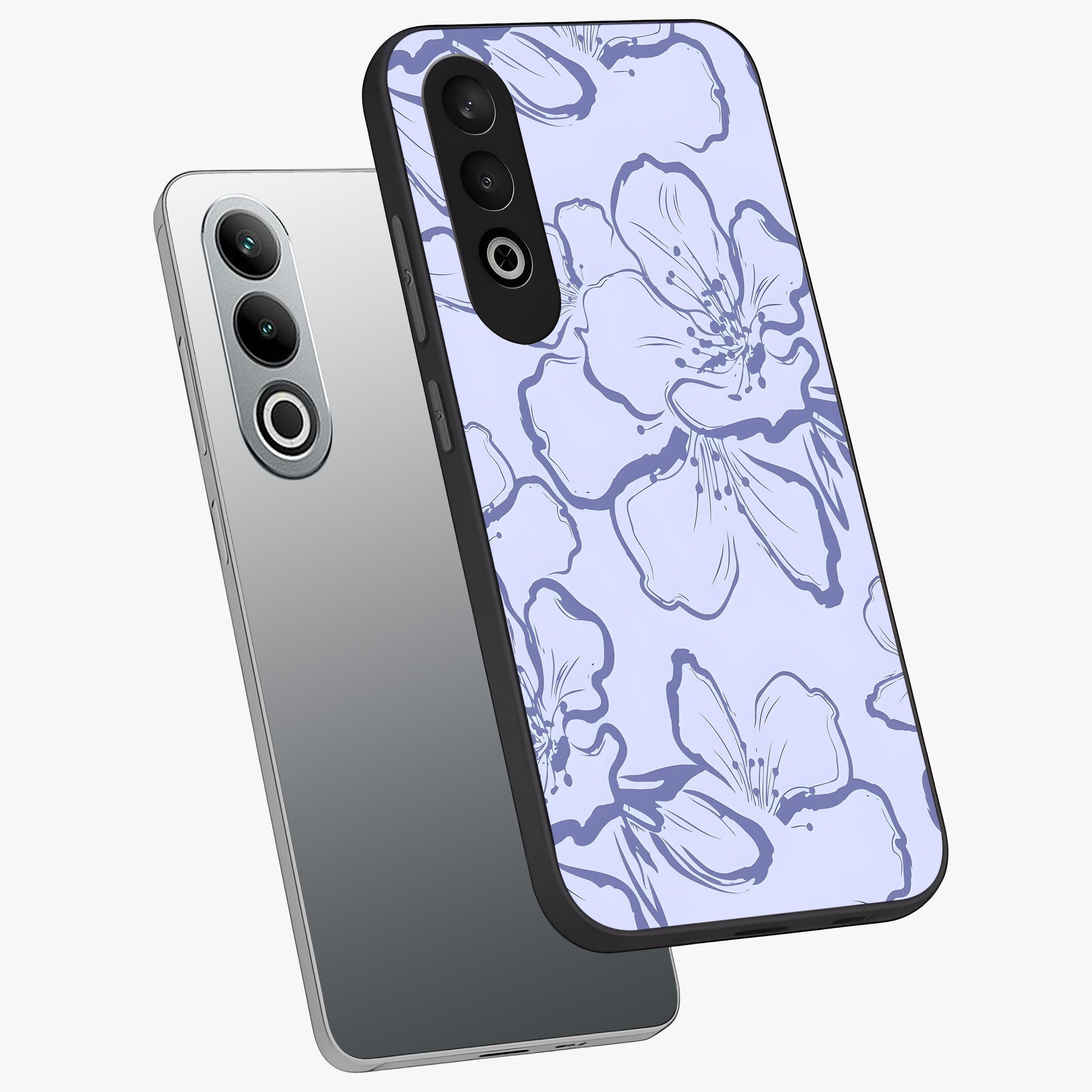 Violet Sketch Garden Glass Case for 1+Nord Ce 4 angled mockup showcasing glossy finish and delicate line detailing