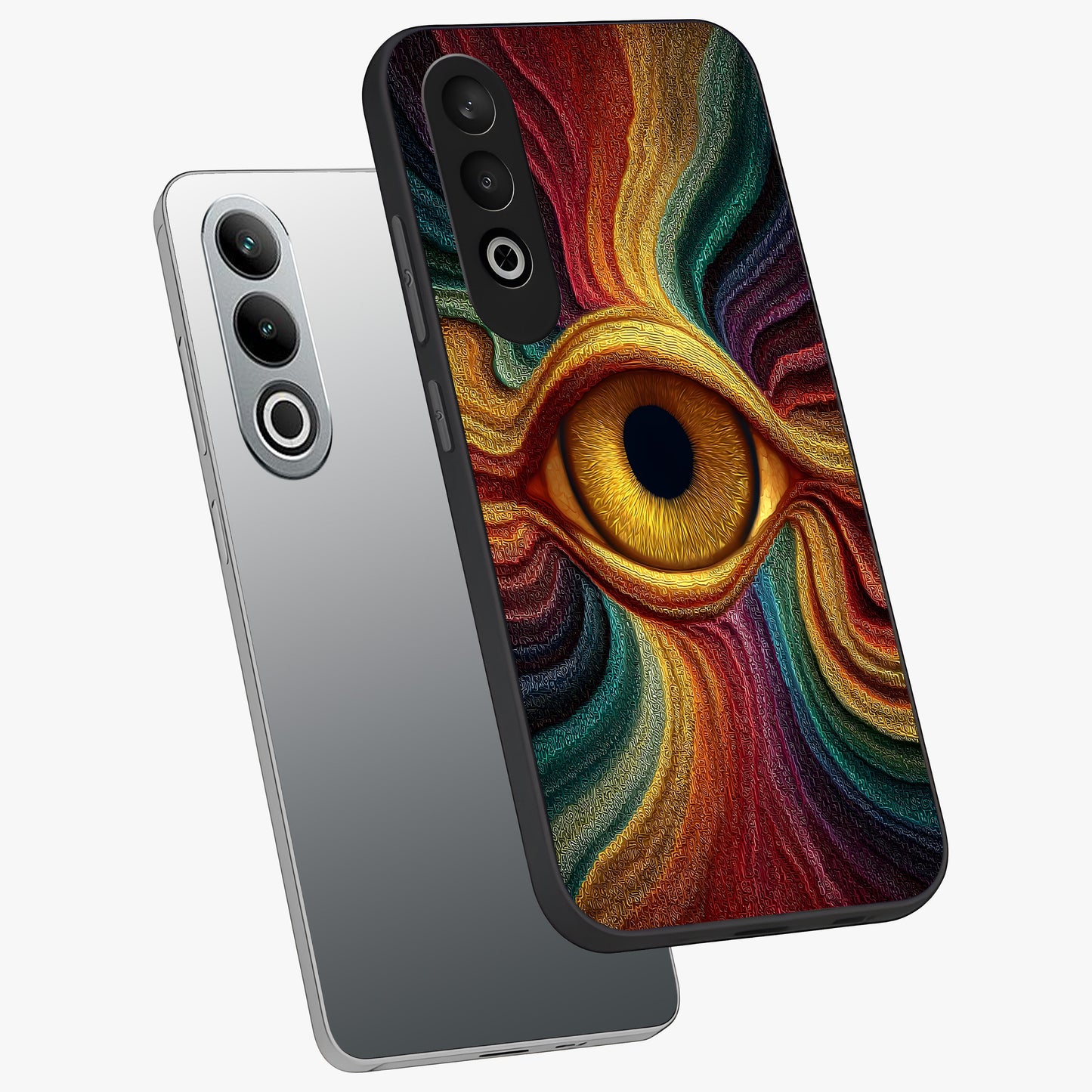 Visionary Flame Core Glass Case for 1+Nord Ce 4 angled mockup showcasing glossy finish and bold glowing gradients