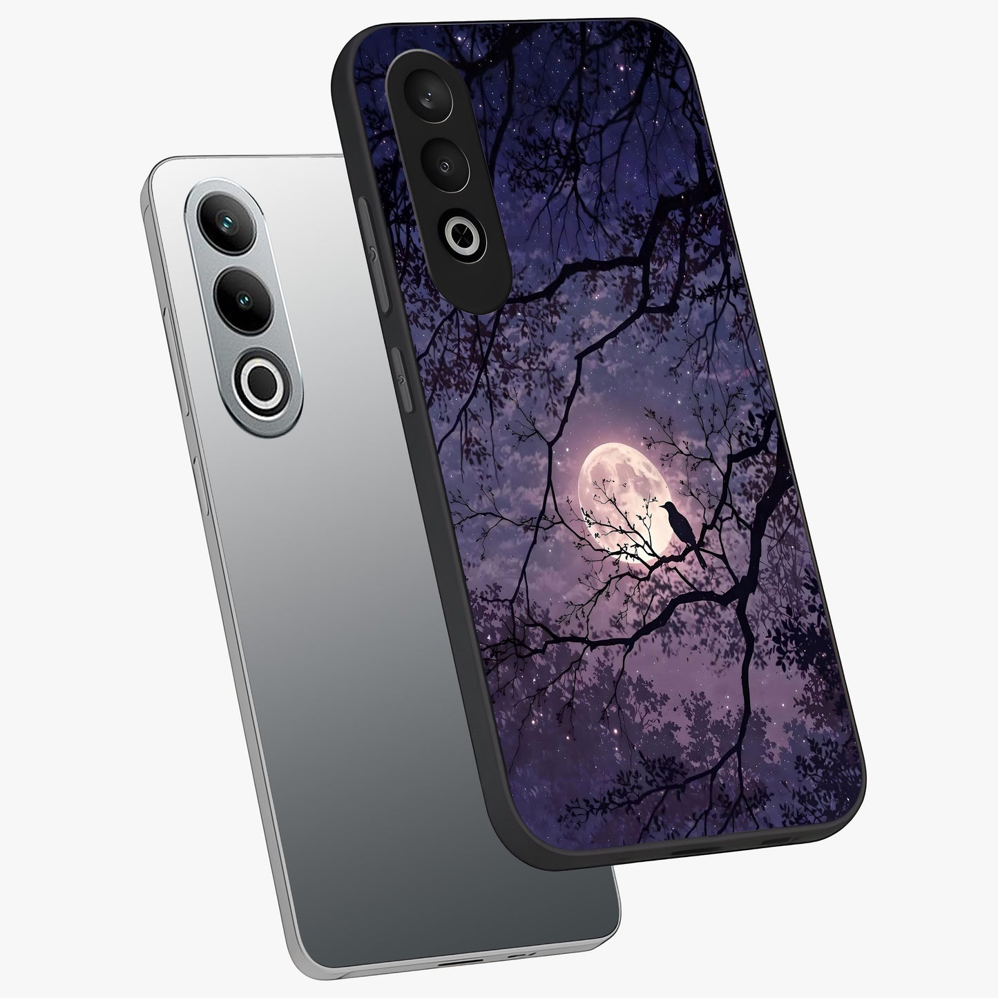 Whispering Moon Silence Glass Case for 1+Nord CE 4 angled mockup showcasing glossy finish and subtle celestial detailing