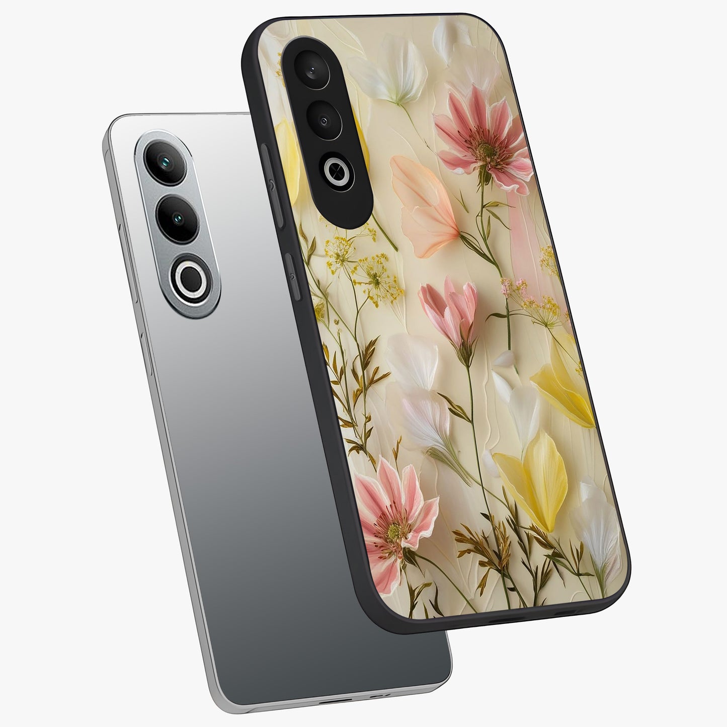 Whispering Petal Harmony Glass Case for 1+Nord CE 4 angled mockup showcasing glossy finish and delicate bloom detailing