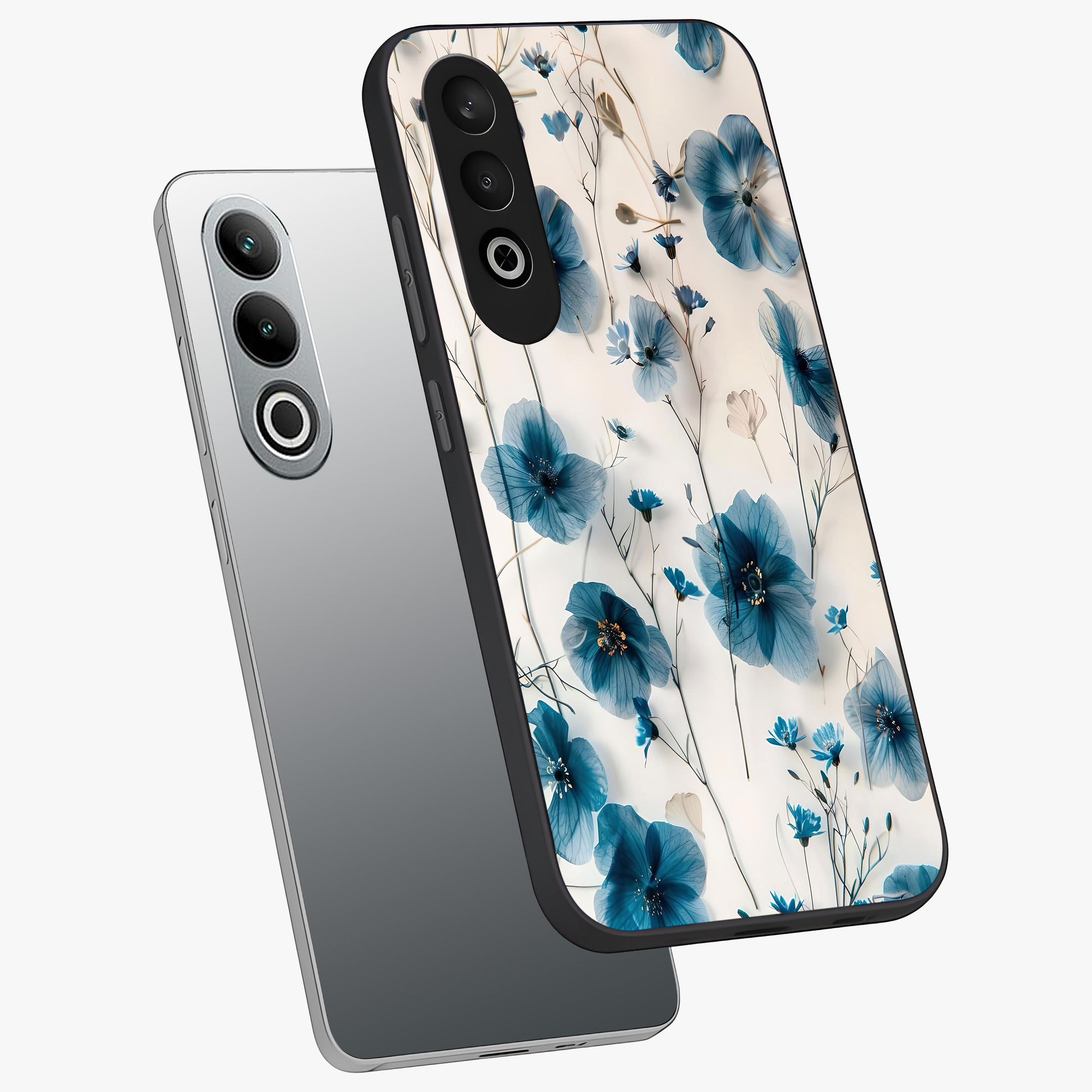 Whispers of Blue Bloom Glass Case for 1+Nord Ce 4 angled mockup showcasing glossy finish and cool sapphire tones