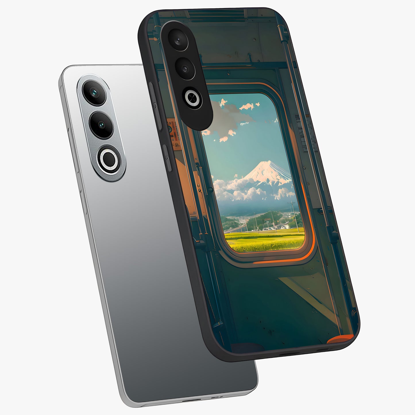 Window to Fuji Glass Case for 1+Nord CE 4 angled mockup showcasing glossy finish and serene landscape tones