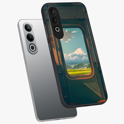 Window to Fuji Glass Case for 1+Nord CE 4 angled mockup showcasing glossy finish and serene landscape tones