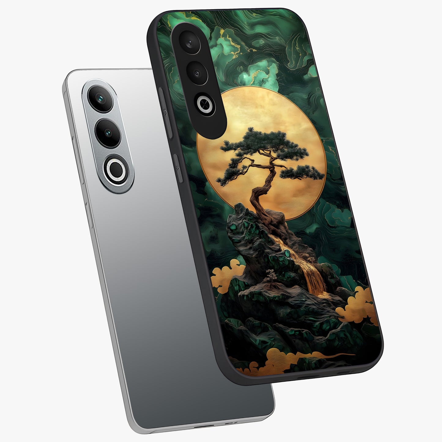 Zen Moon Rise Glass Case for 1+Nord CE 4 angled mockup showcasing glossy finish and soft night sky tones