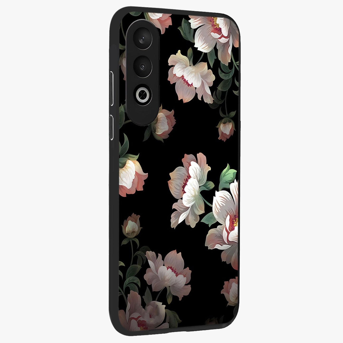 Abstract Embossed Blooming Bright Flower Glass Case for 1+Nord CE 4 side perspective highlighting bright embossed flower texture