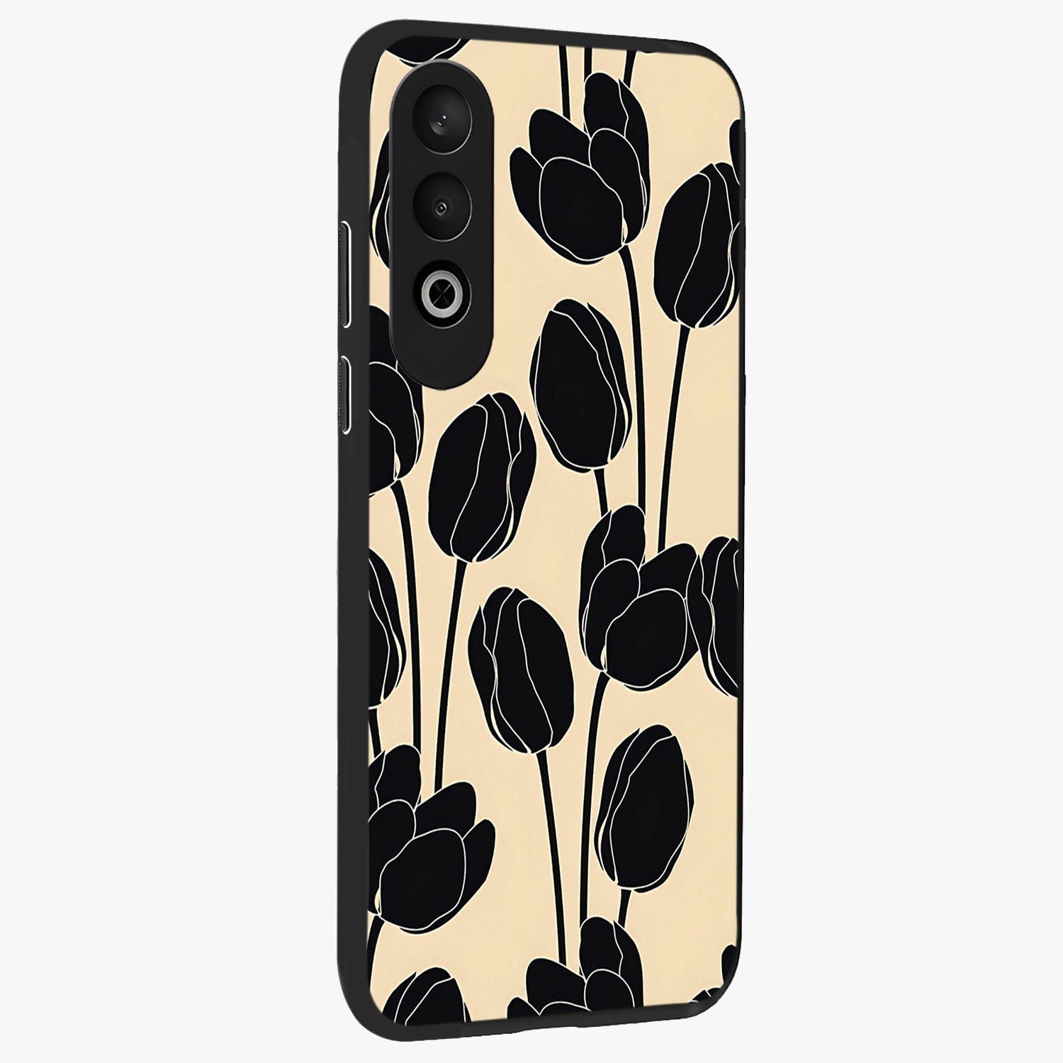 Black Designer Tulip Glass Case for 1+Nord Ce 4 side perspective highlighting bold contrast and stylish tulip illustration