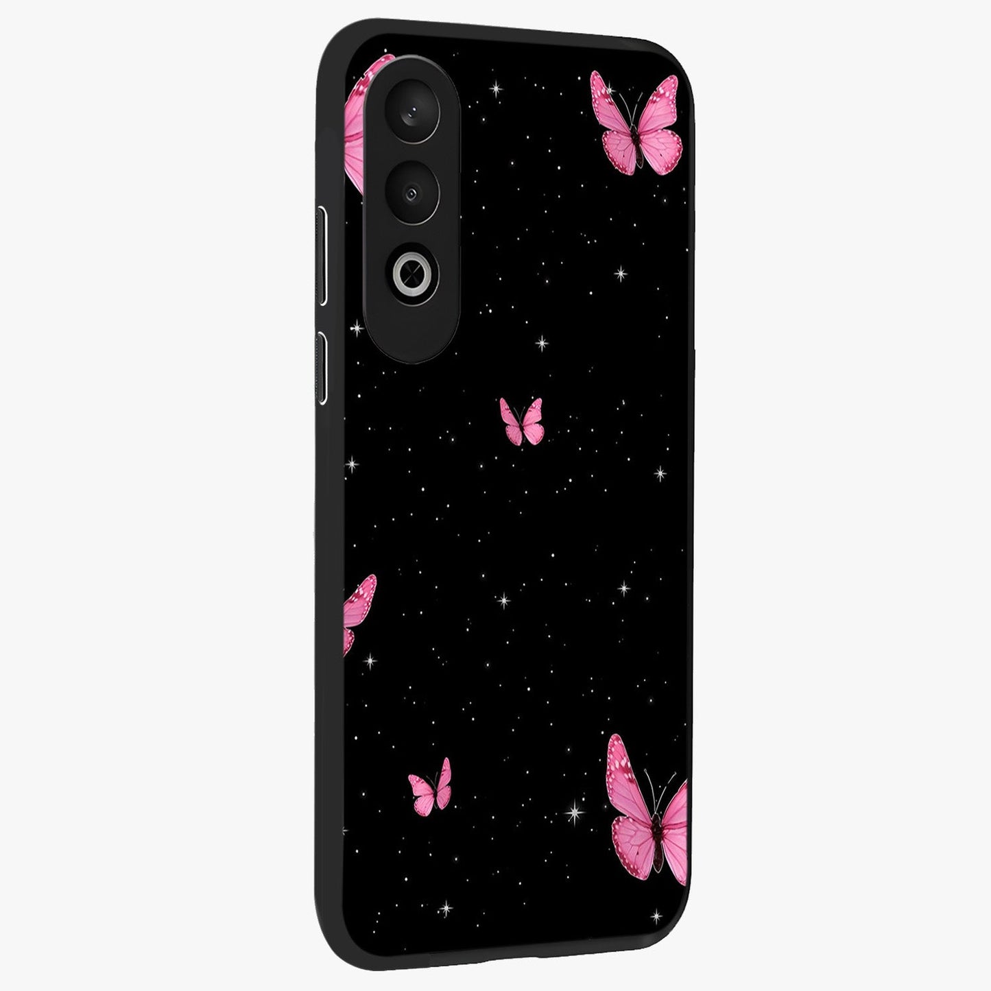 Blinking Butterfly Glass Case for 1+Nord Ce 4 displayed upright for graceful aesthetic visibility and premium finish.