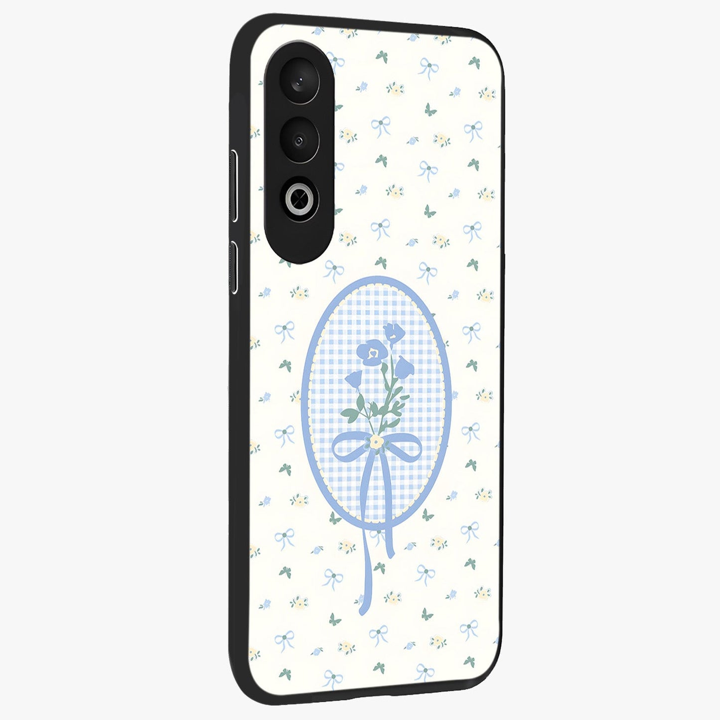 Blue Ribbon Bloom Glass Case for 1+Nord Ce 4 side perspective highlighting graceful floral design and premium edges