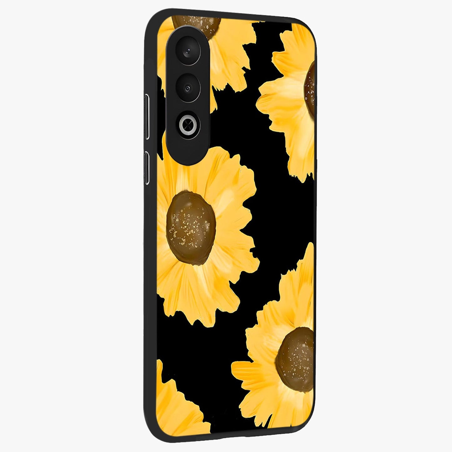 Bold Sunflowers Glow Glass Case for 1+Nord Ce 4 side perspective highlighting rich yellow hues and premium edge finish