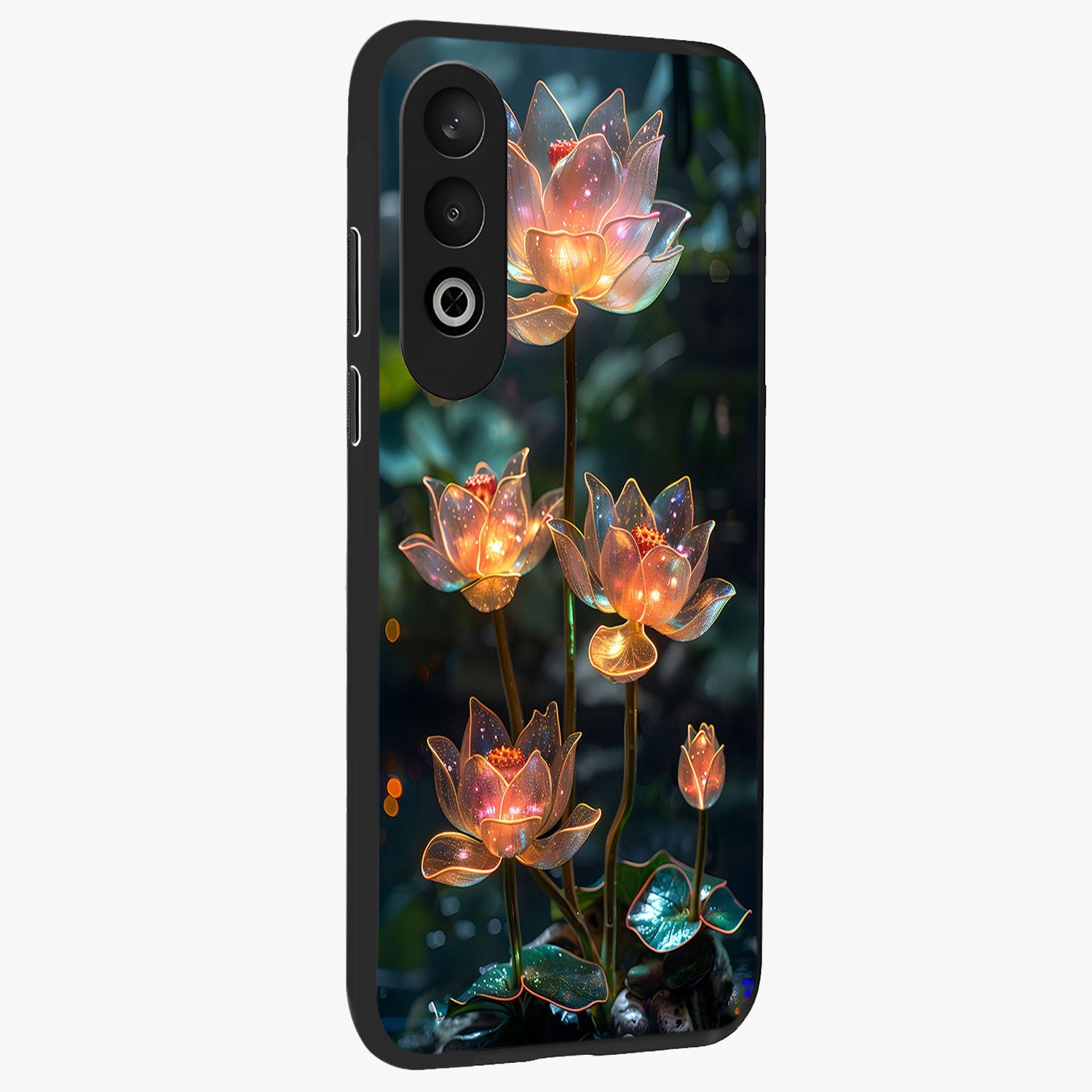 Celestial Lotus Light Glass Case for 1+Nord CE 4 side perspective highlighting delicate lotus detailing and premium finish