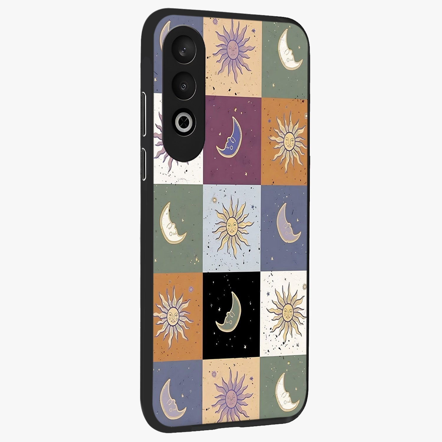 Celestial Patchwork Dreams Glass Case for 1+Nord CE 4 side perspective highlighting vibrant patchwork detailing and sleek edges