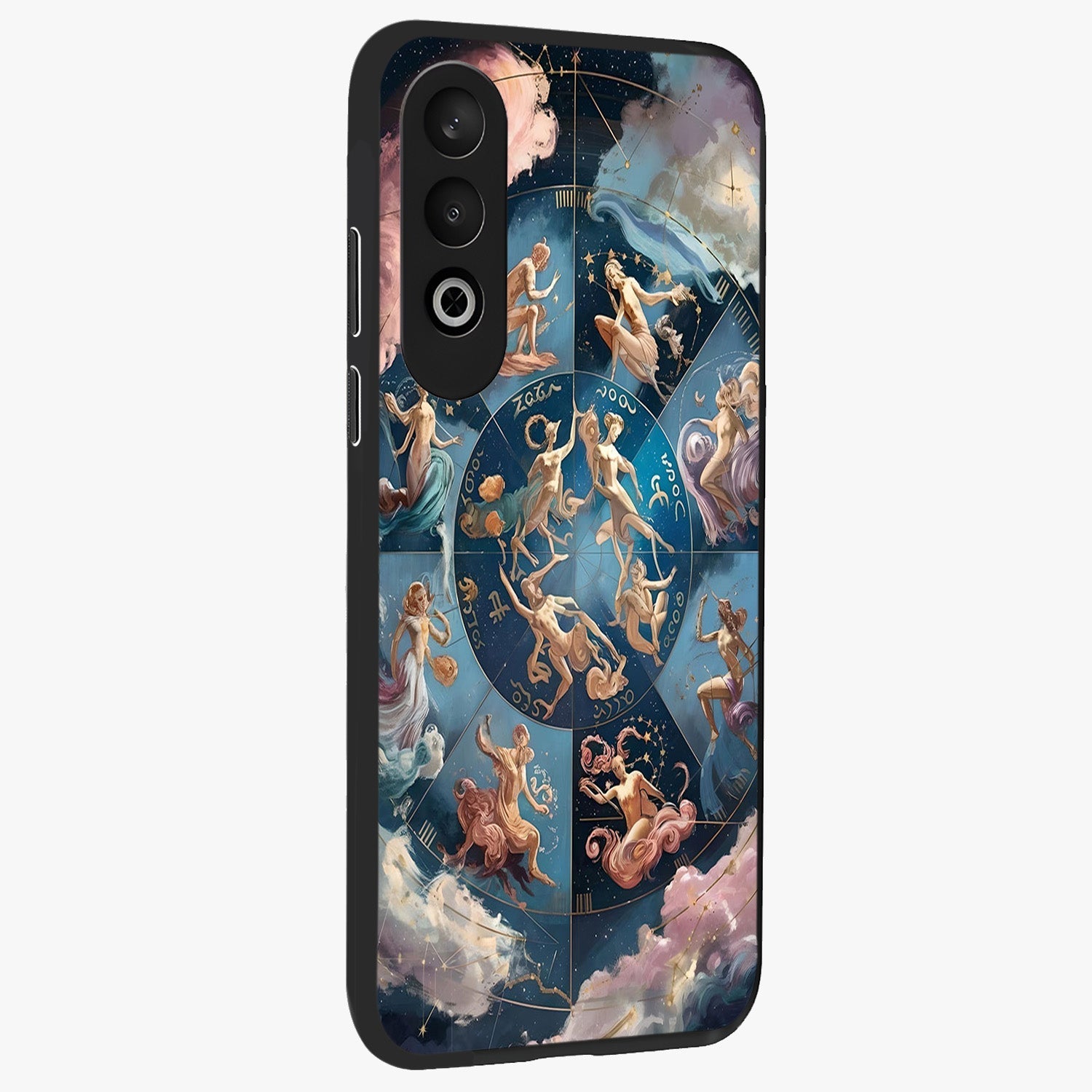 Celestial Signs Dance Glass Case for 1+Nord Ce 4 side perspective highlighting flowing celestial patterns and sleek edges