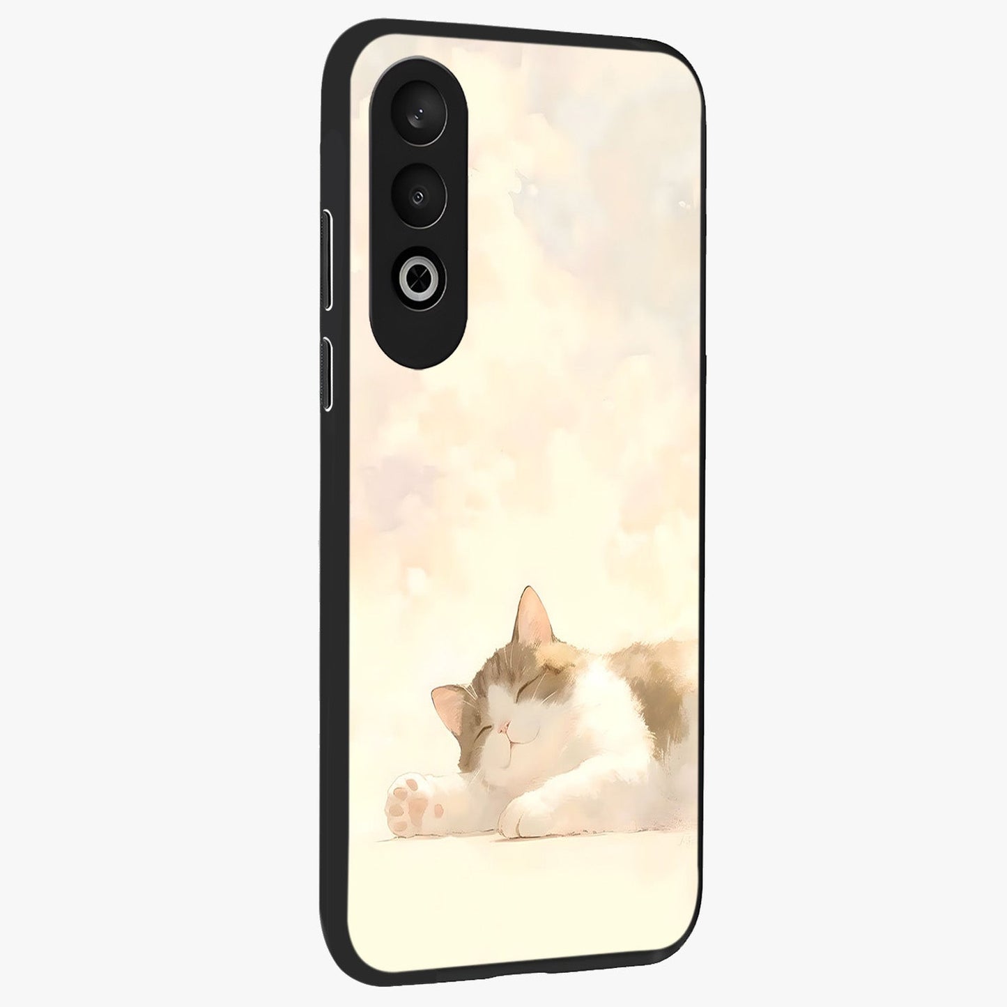 Cloud Nap Cat Glass Case for 1+Nord CE 4 side perspective highlighting charming feline details and premium edge finish